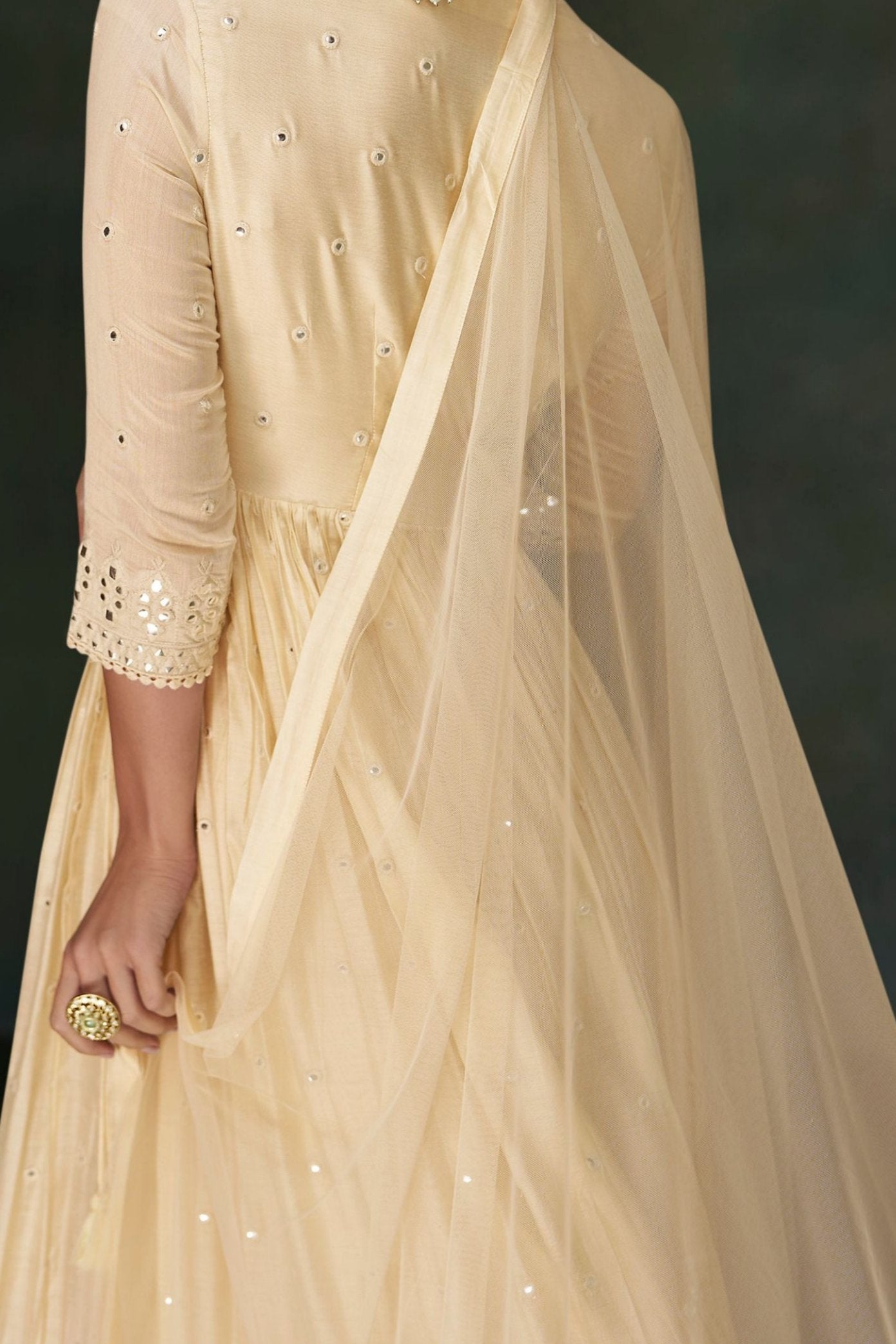 Cream Silk Floor Full Length Anarkali Gown For Indian Festivals & Weddings - Embroidery Work