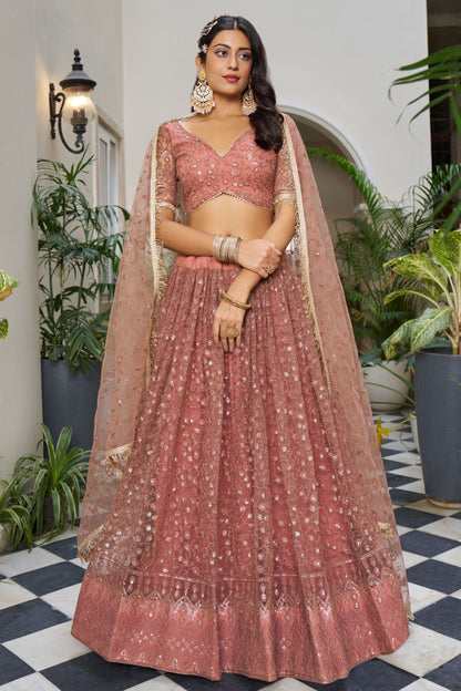 Peach Net Embroidered Lehenga Choli For Indian Festival & Weddings - Embroidery Work