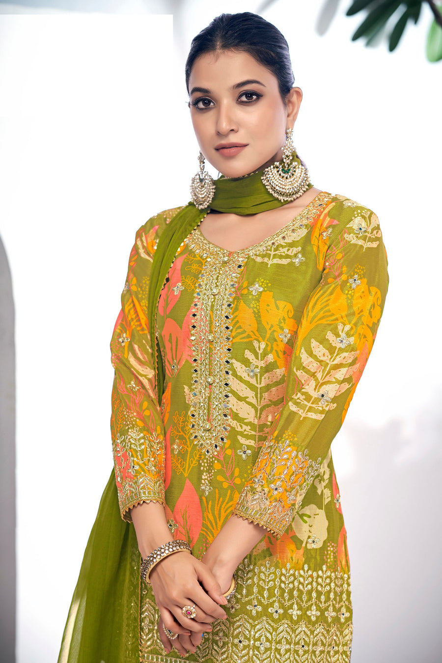 Green Chinon Silk Sharara Suits Dress for Indian Festival & Pakistani Wedding - Thread & Sequence Embroidery Work, Zari Work, Stone & Mirror Work, Print Work