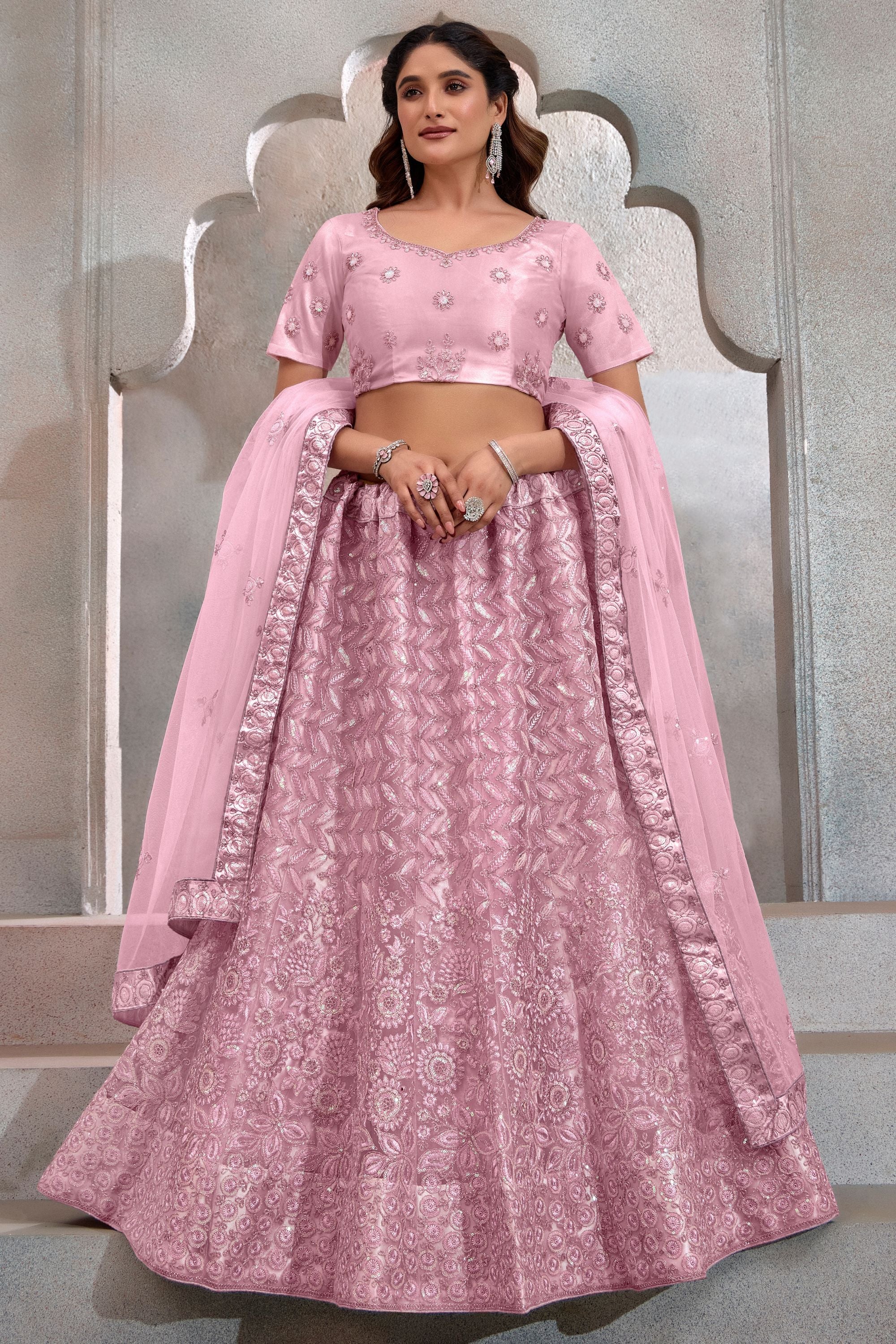 Baby Pink Net Lehenga Choli For Indian Festival & Weddings - Thread Embroidery Work, Sequence Embroidery Work