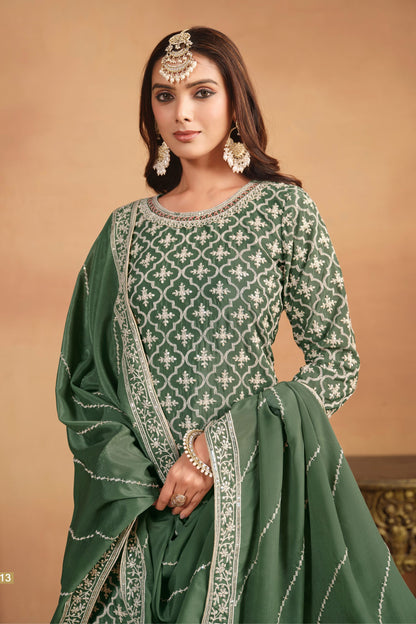 Green Chinon Silk Lehenga Choli with Multicolor Lehenga For Indian Festivals & Pakistani Weddings - Thread Embroidery Work