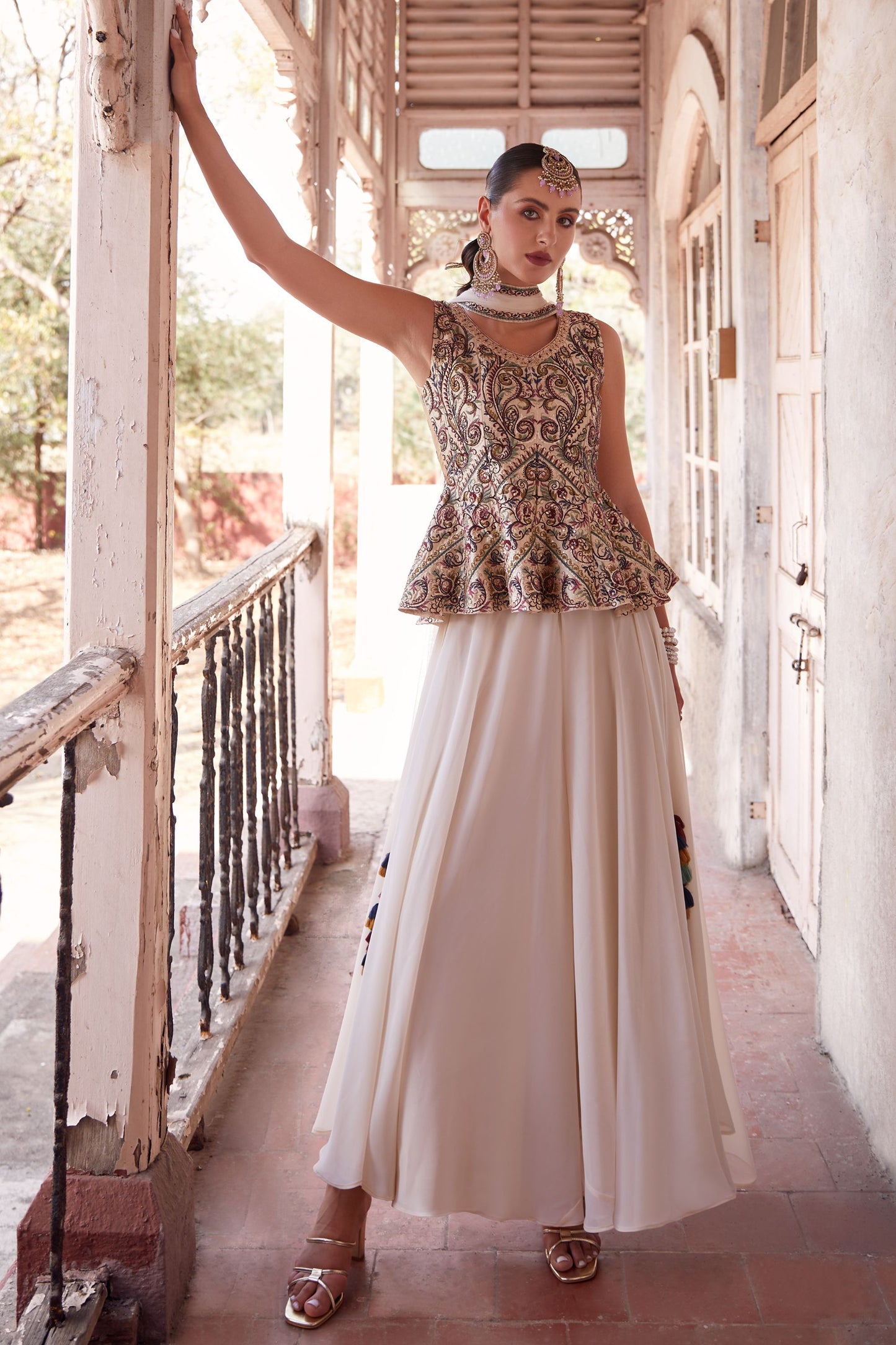 Off White Georgette Long Top Palazzo Suit For Indian Weddings & Festivals - Thread & Sequence Embroidery Work, Zari Work