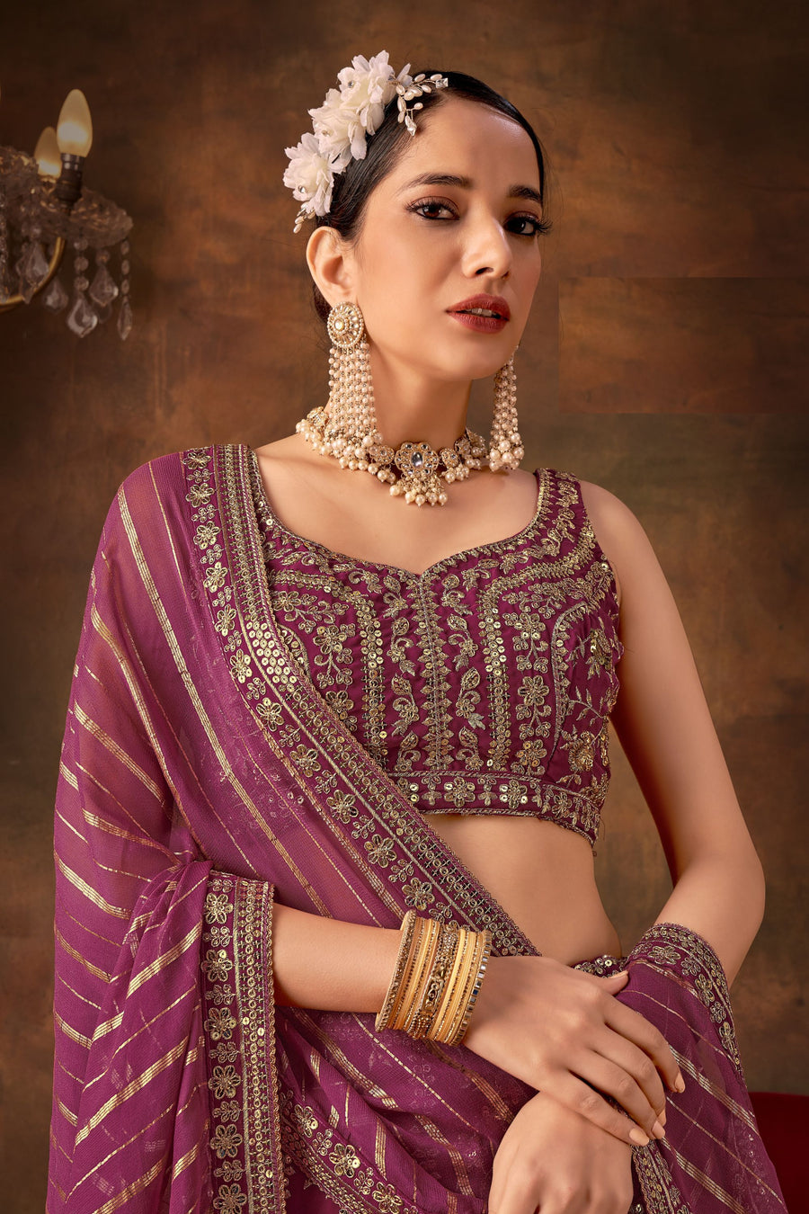 Wine Color Georgette Lehenga Choli For Indian Festivals & Weddings - Thread Embroidery Work, Sequence Embroidery Work