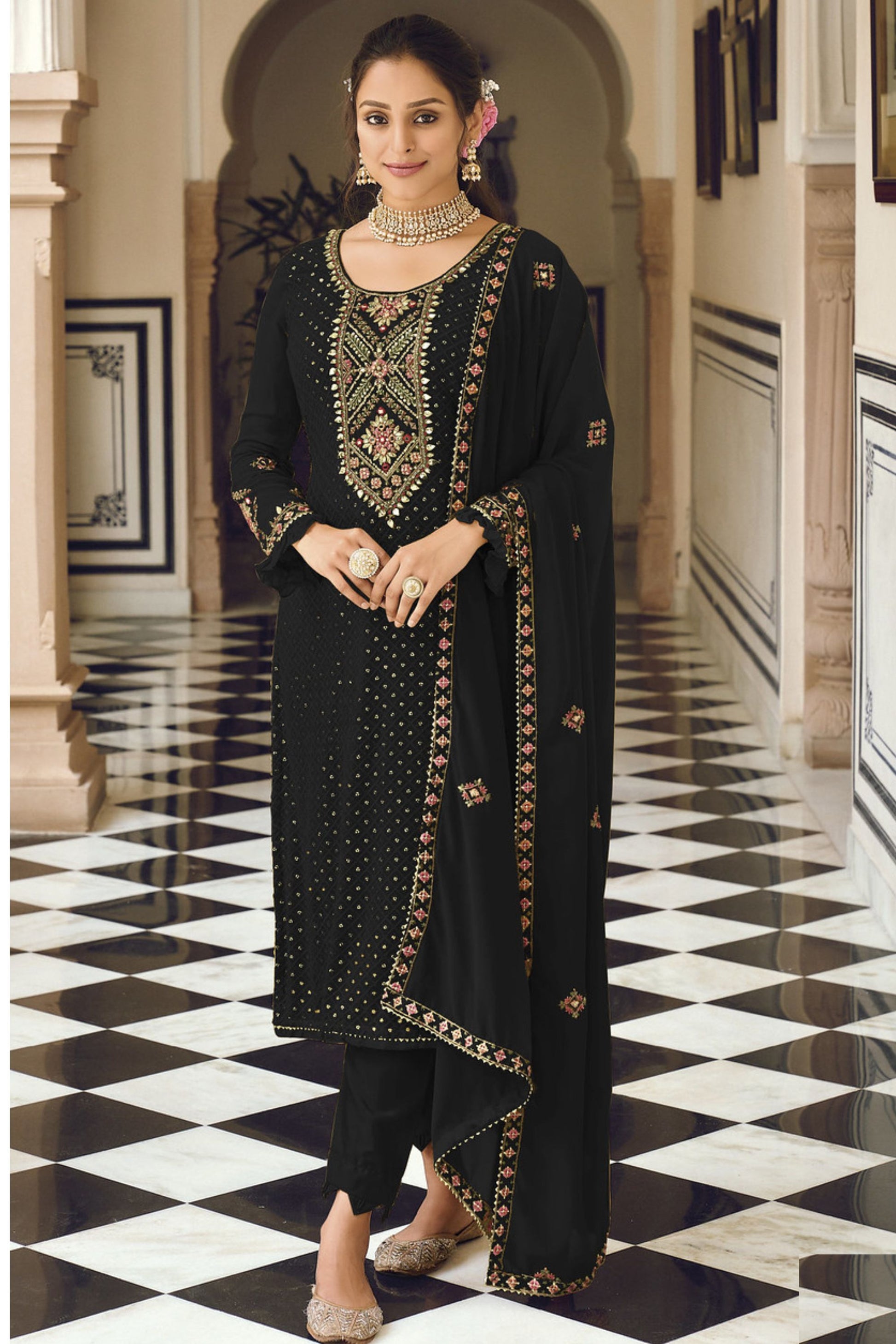 Black Georgette Kameez with Pant For Indian Suit Festivals & Pakistani Weddings - Embroidery Work