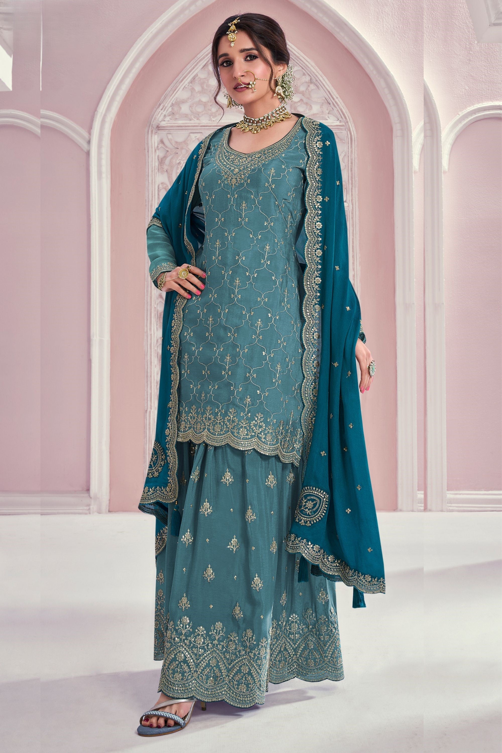 Teal Chinon Silk Plazo Suit For Indian & Pakistani Wedding Festival - Thread & Sequence Embroidery Work
