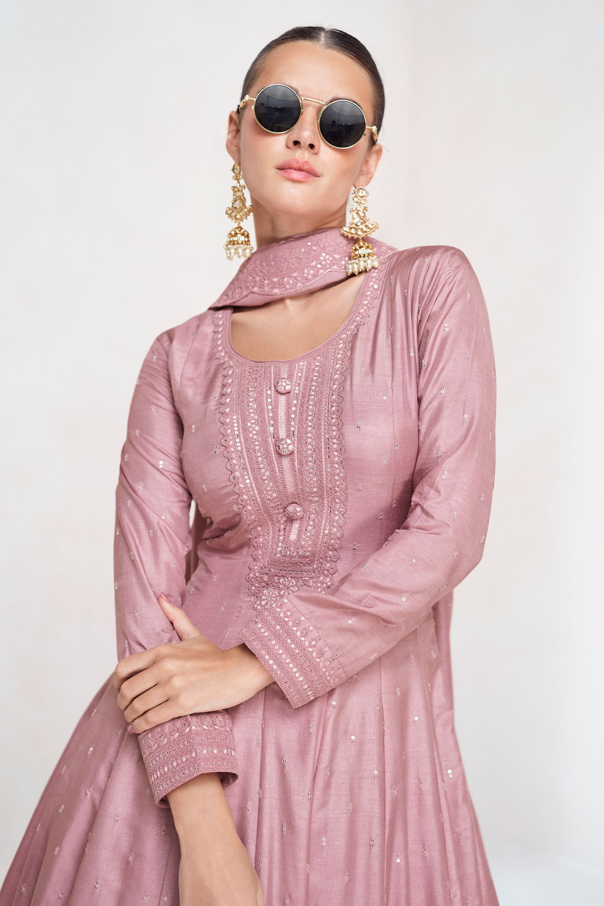 Mauve Pink Silk Anarkali Gown Suit For Indian Festivals & Weddings - Embroidery Work