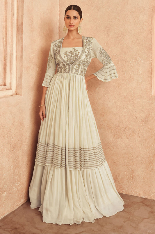 White Pakistani Georgette Anarkali Suits For Indian Festivals & Weddings - Embroidery Work