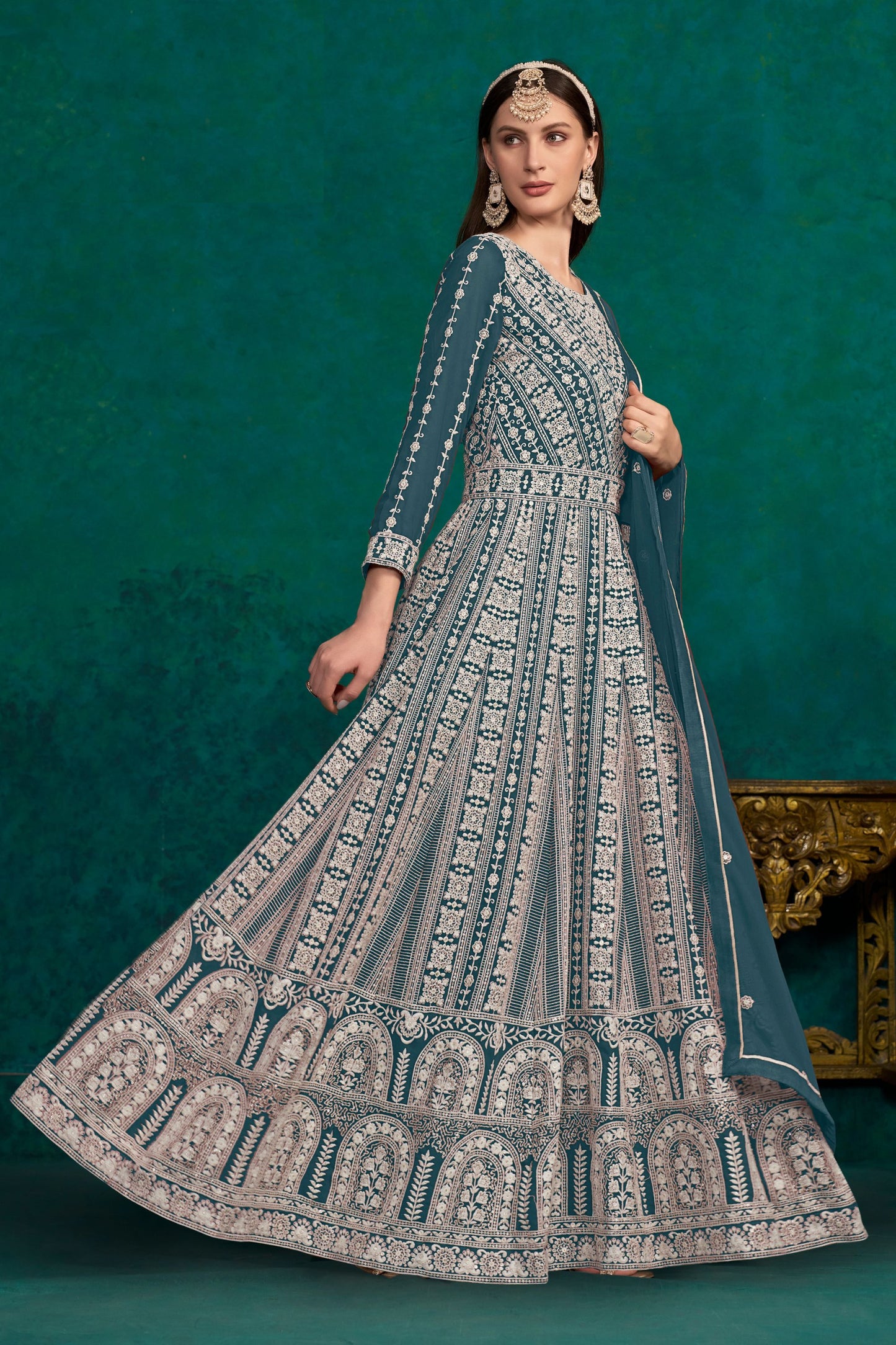 Teal Georgette Full Floor Length Anarkali Dress For Indian Festivals & Weddings - Lucknowi Work