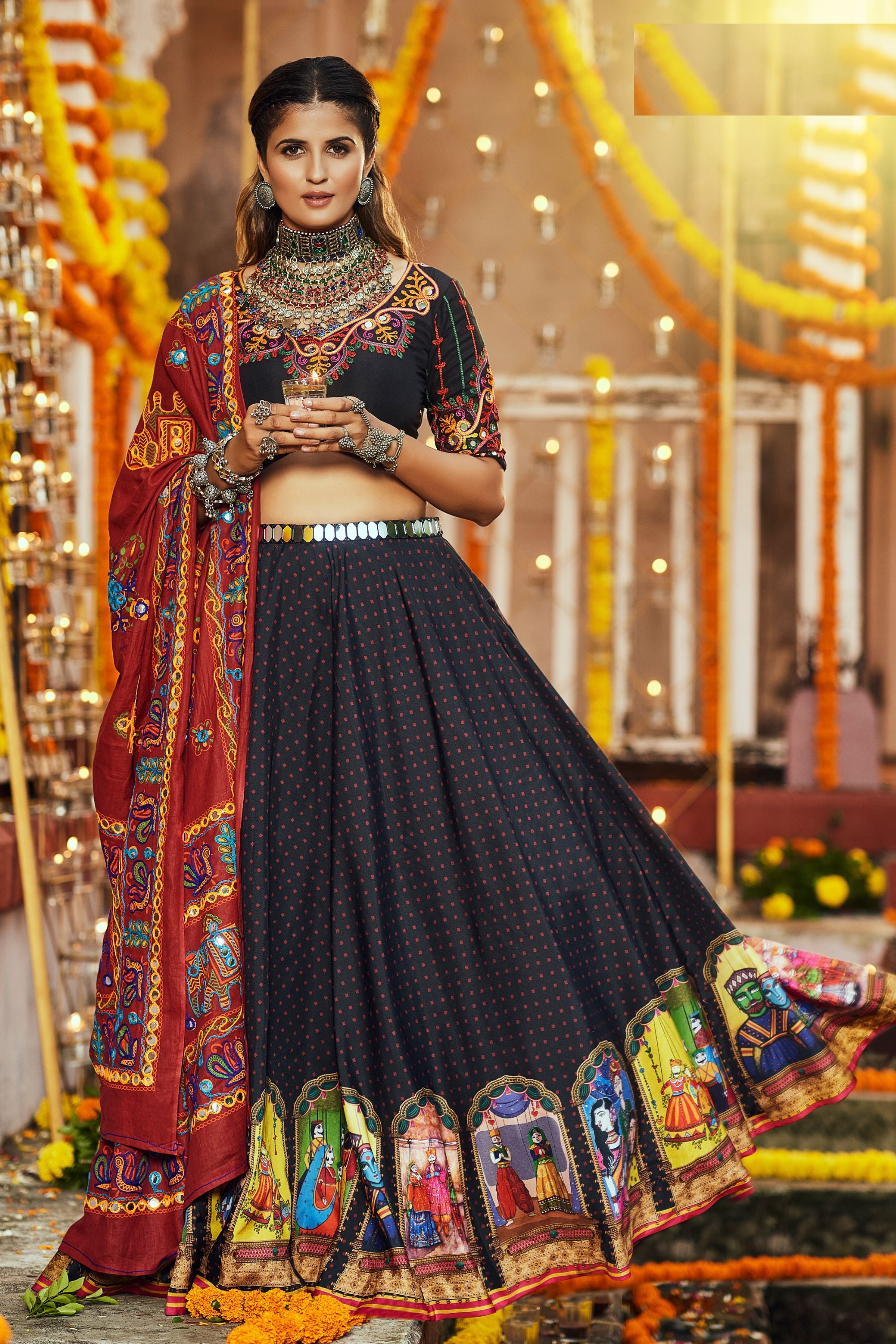 Black Cotton Lehenga Choli For Navratri Garba Festivals 8 Meter Flair Thread Embroidery Work Print Work Mirror Work