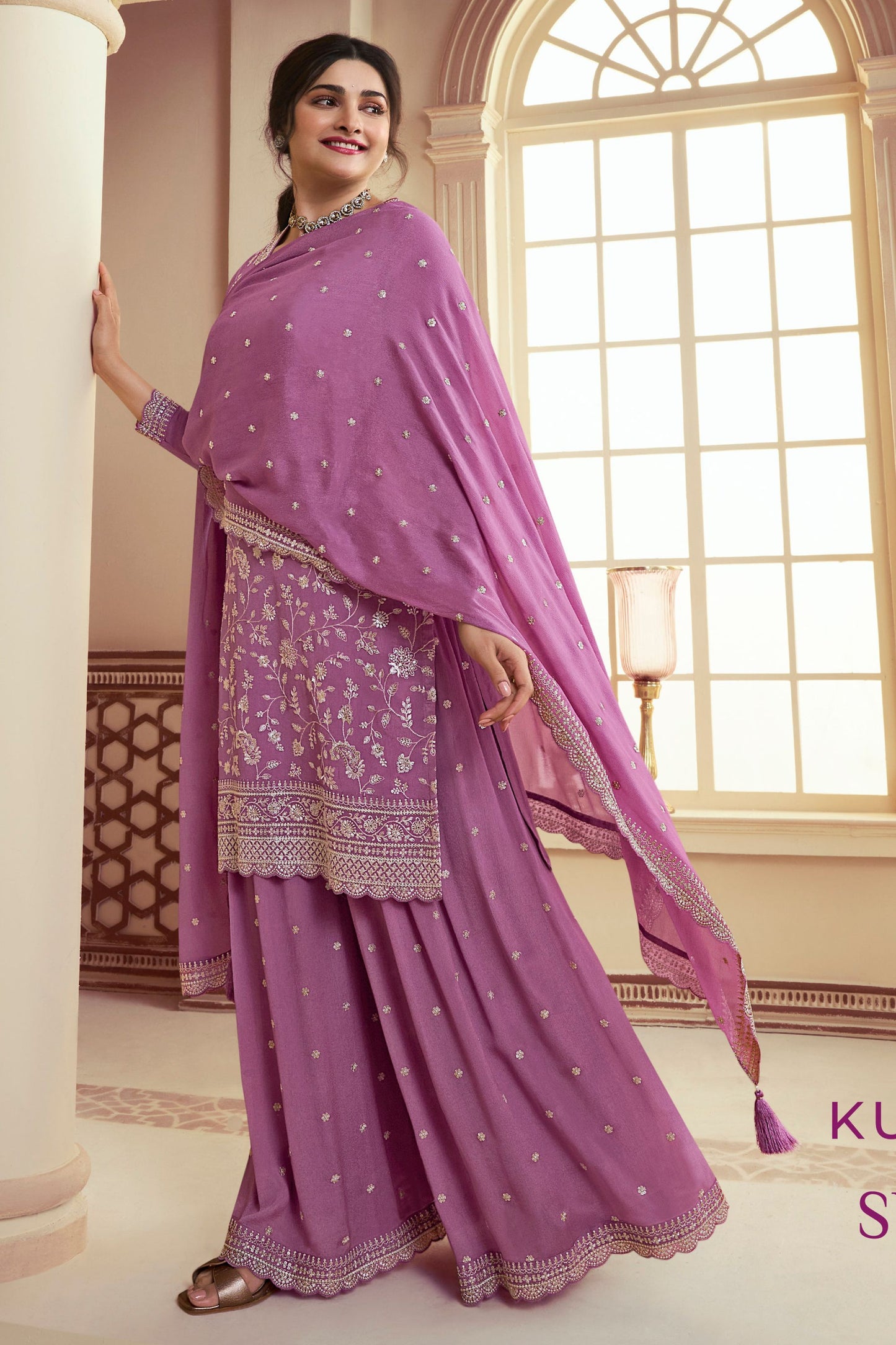 Purple Mauve Chinon Silk Palazzo Suit For Indian Festivals & Pakistani Plazo Wedding Dress - Embroidery Work