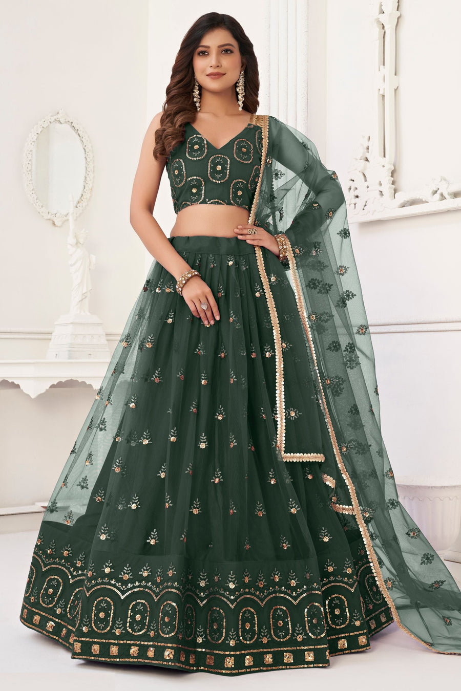 Dark Green Net Lengha Choli For Indian Festivals & Pakistani Weddings Dress - Embroidery Work