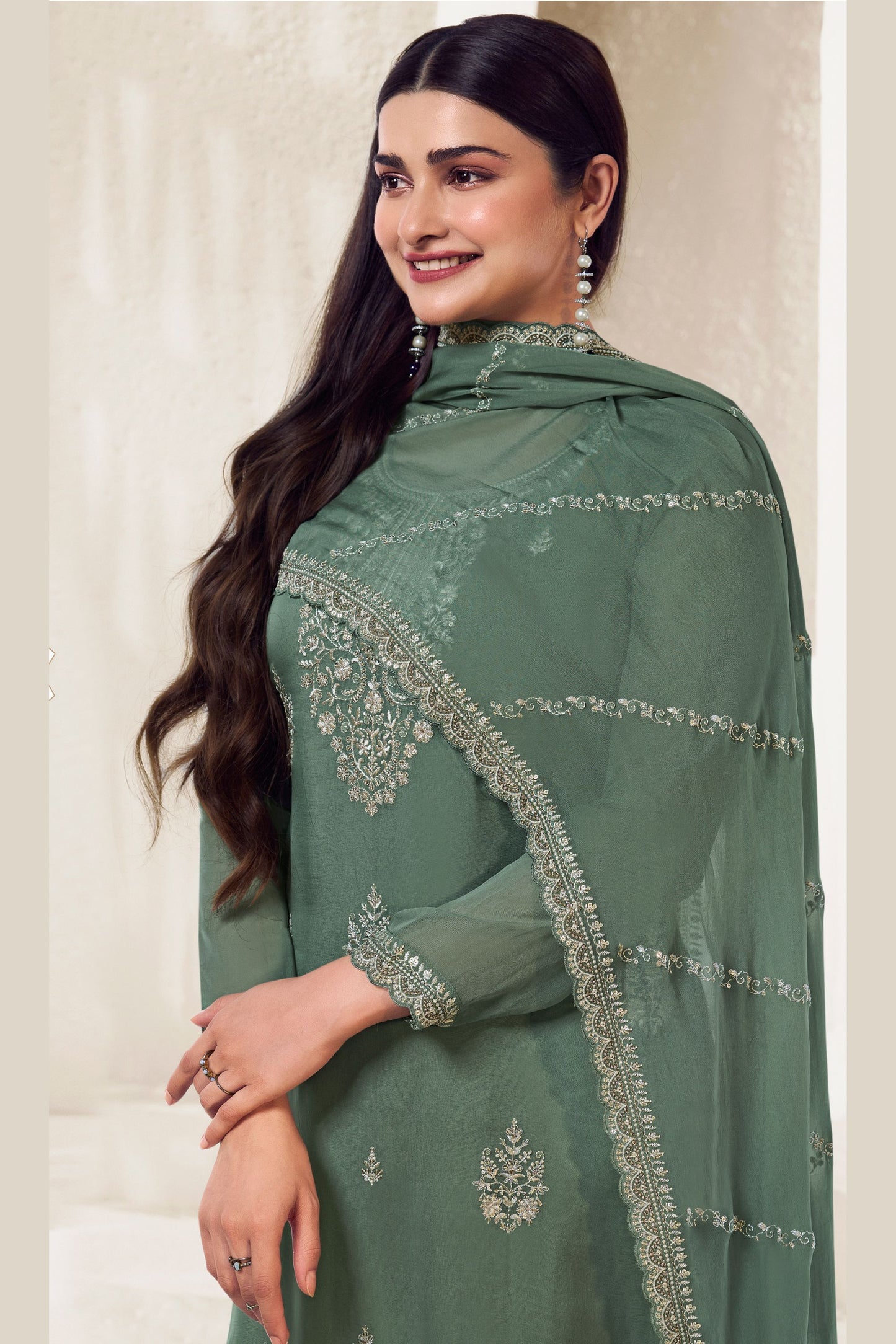 Dusty Green Organza Kameez with Pant For Indian Suit Festivals & Weddings - Thread Embroidery Work