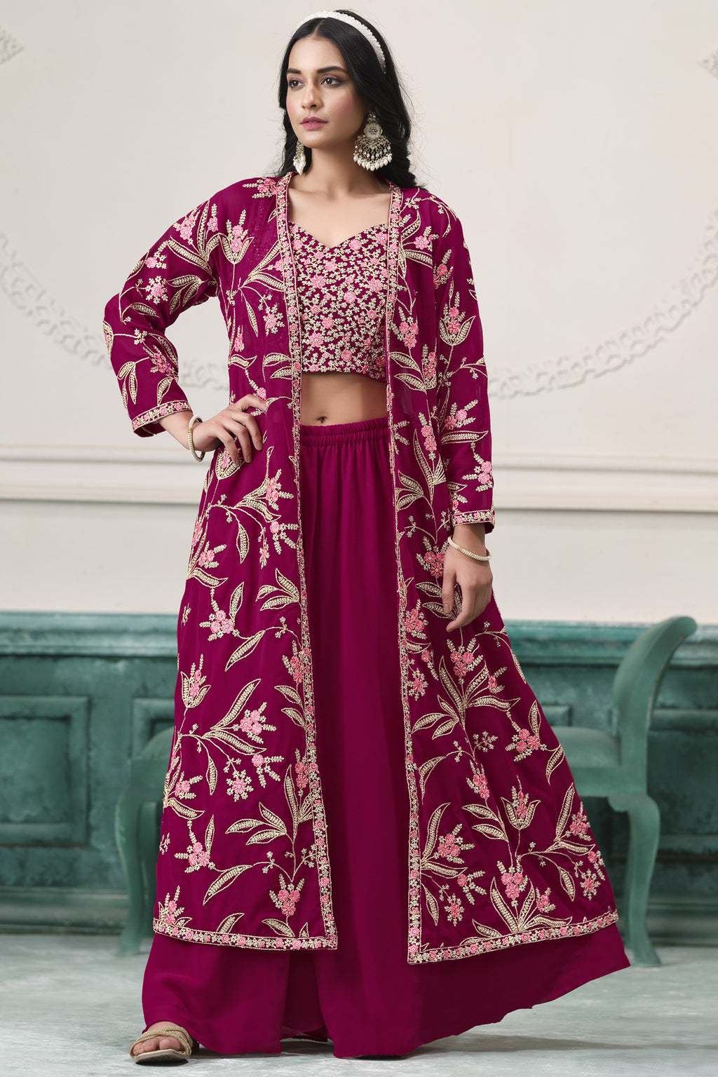 Red Maroon Georgette Palazzo with Choli & Jacket For Wedding & Indian Festival - Embroidery Work