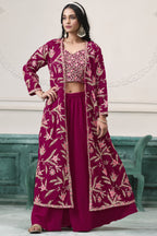 Red Maroon Georgette Palazzo with Choli & Jacket For Wedding & Indian Festival - Embroidery Work
