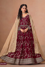 Maroon Georgette Anarkali Suit For Indian & Pakistani Wedding Festival - Thread & Sequins Embroidery Work