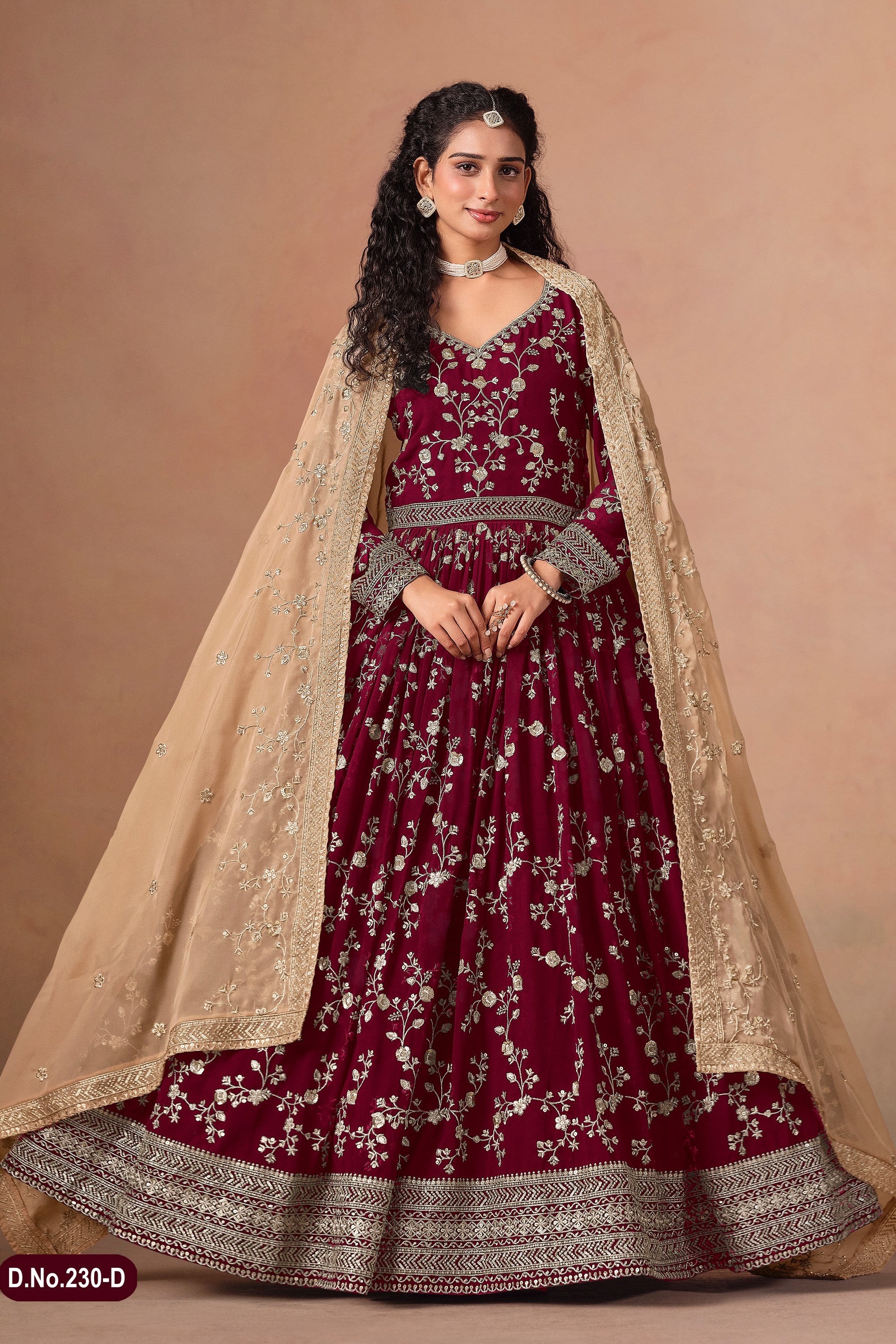Maroon Georgette Anarkali Suit For Indian & Pakistani Wedding Festival - Thread & Sequins Embroidery Work