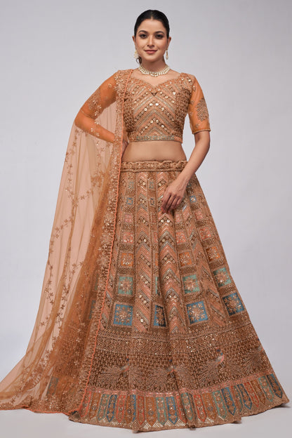 Dusty Orange Soft Net Lehenga Choli For Indian Festivals & Weddings - Sequins Work, Dori Work, Zarkan Work, Thread Work