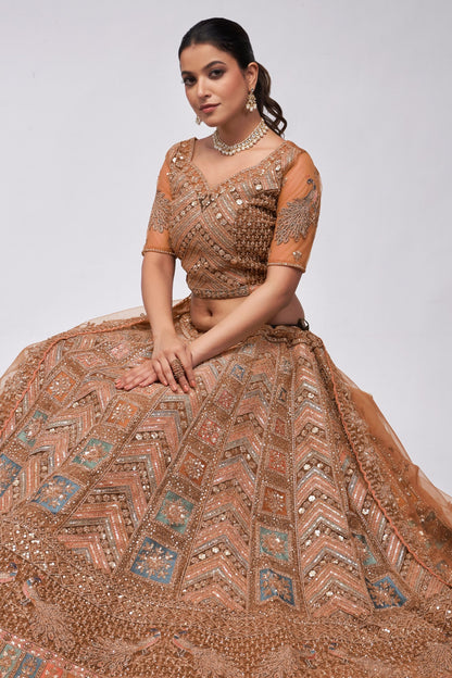 Dusty Orange Soft Net Lehenga Choli For Indian Festivals & Weddings - Sequins Work, Dori Work, Zarkan Work, Thread Work