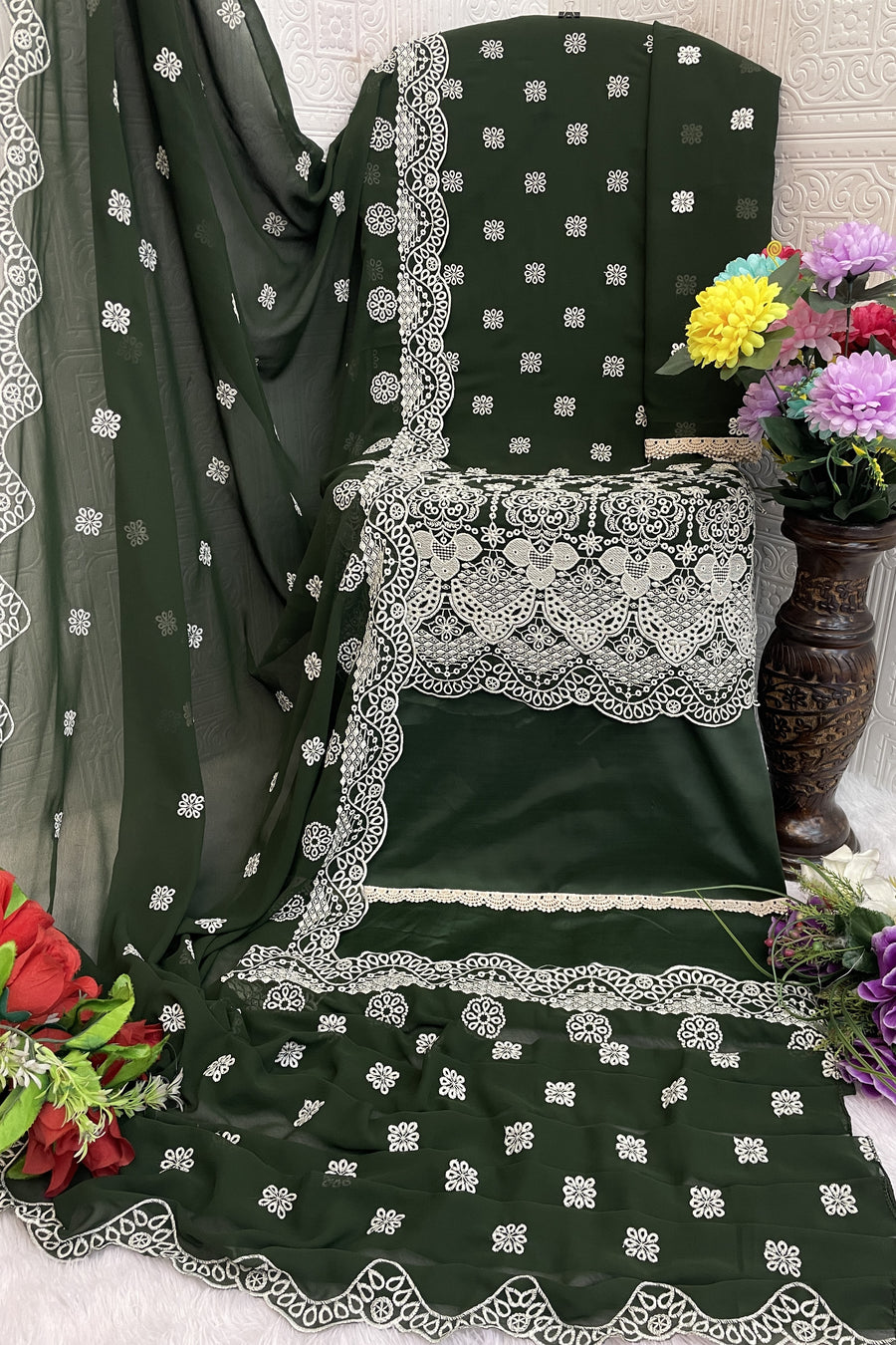 Dark Green Georgette Kameez With Pant For Indian & Pakistani Wedding Festival - Embroidery Work