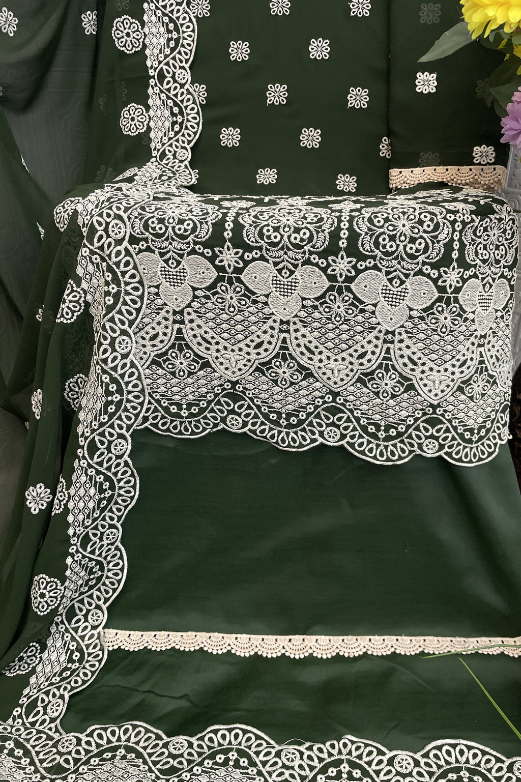 Dark Green Georgette Kameez With Pant For Indian & Pakistani Wedding Festival - Embroidery Work