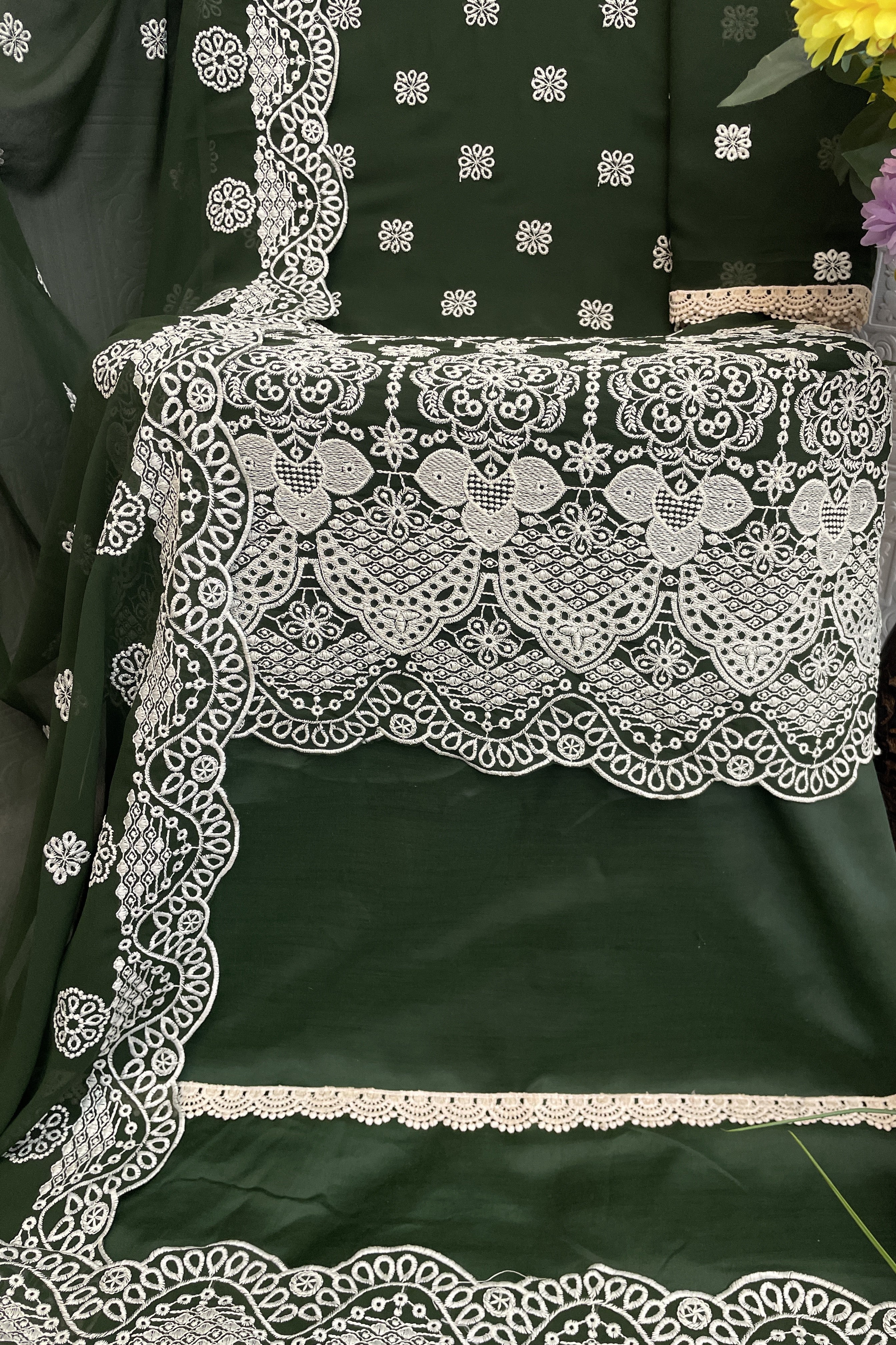Dark Green Georgette Kameez With Pant For Indian & Pakistani Wedding Festival - Embroidery Work