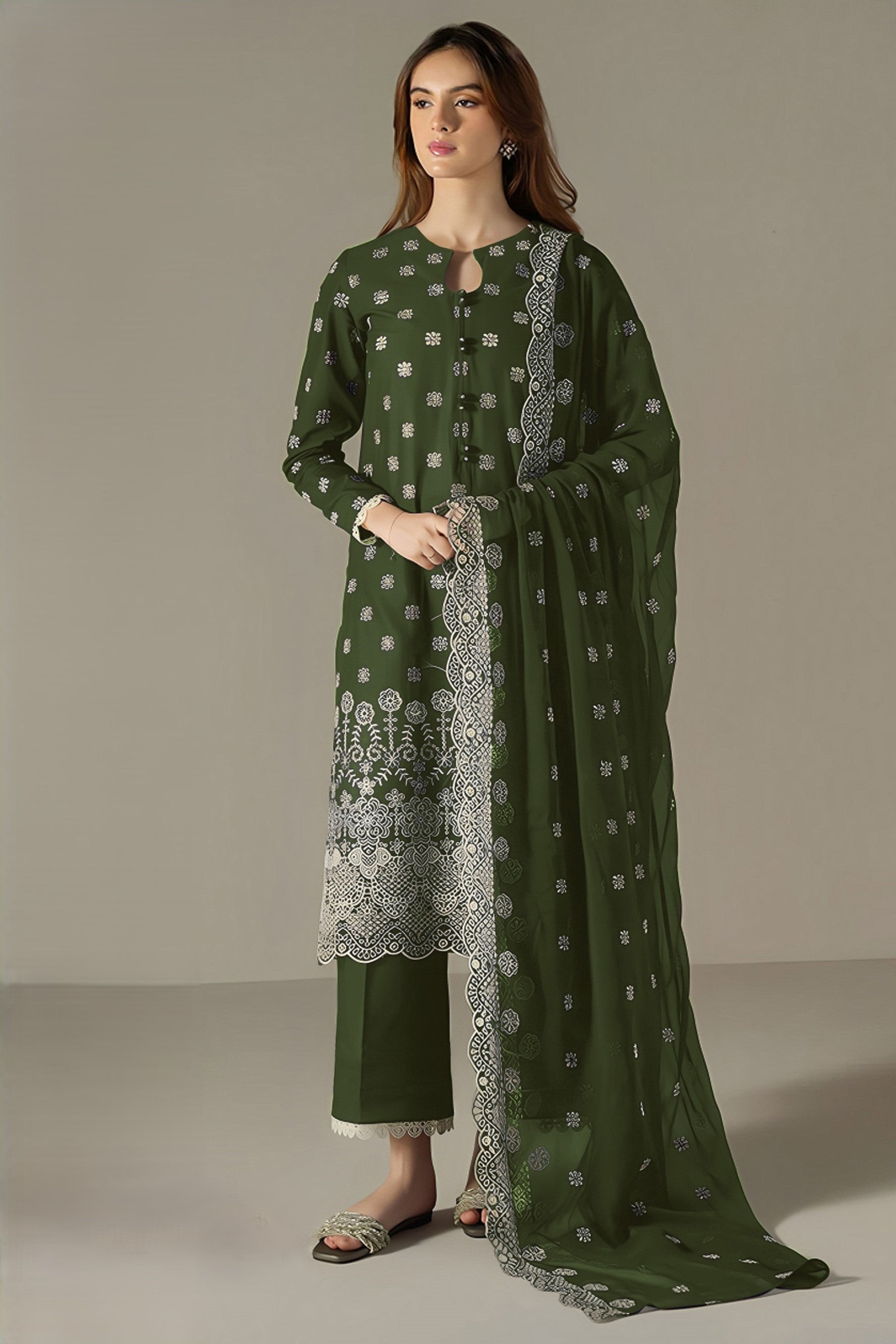 Dark Green Georgette Kameez With Pant For Indian & Pakistani Wedding Festival - Embroidery Work