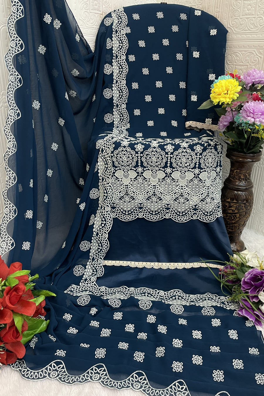 Teal Georgette Kameez With Pant For Indian & Pakistani Wedding Festival - Embroidery Work