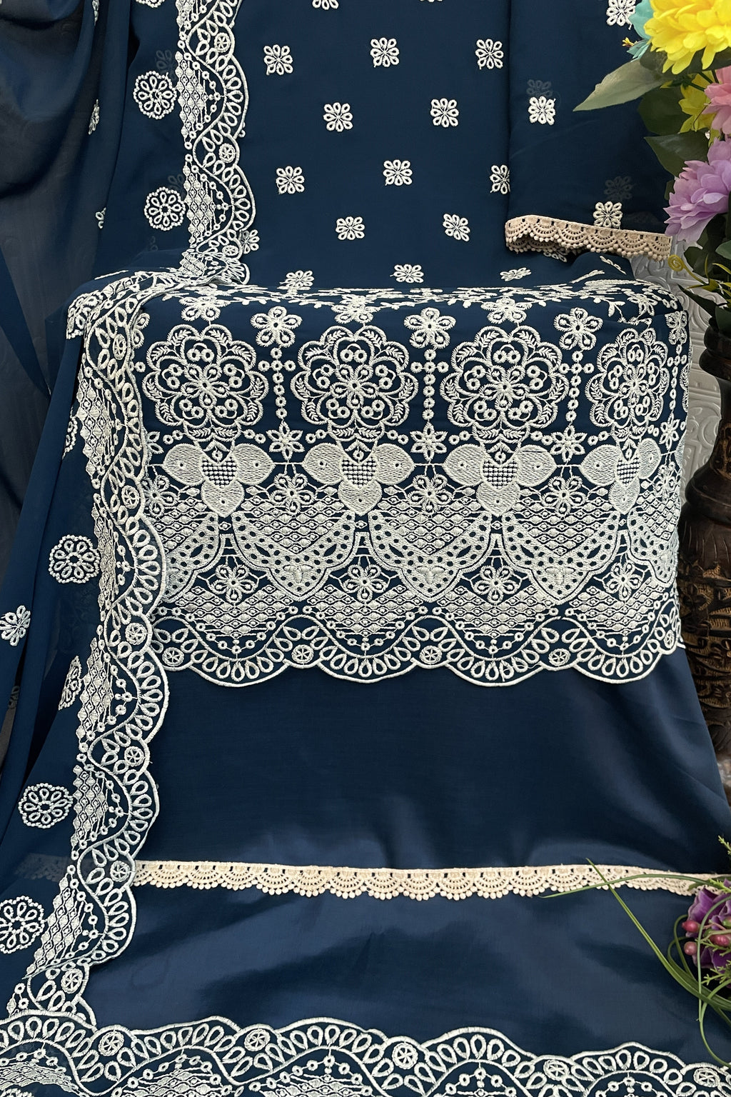 Teal Georgette Kameez With Pant For Indian & Pakistani Wedding Festival - Embroidery Work