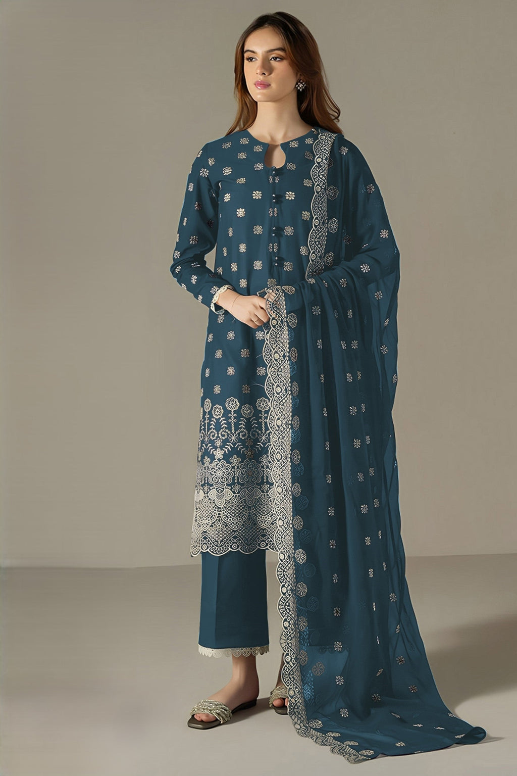 Teal Georgette Kameez With Pant For Indian & Pakistani Wedding Festival - Embroidery Work