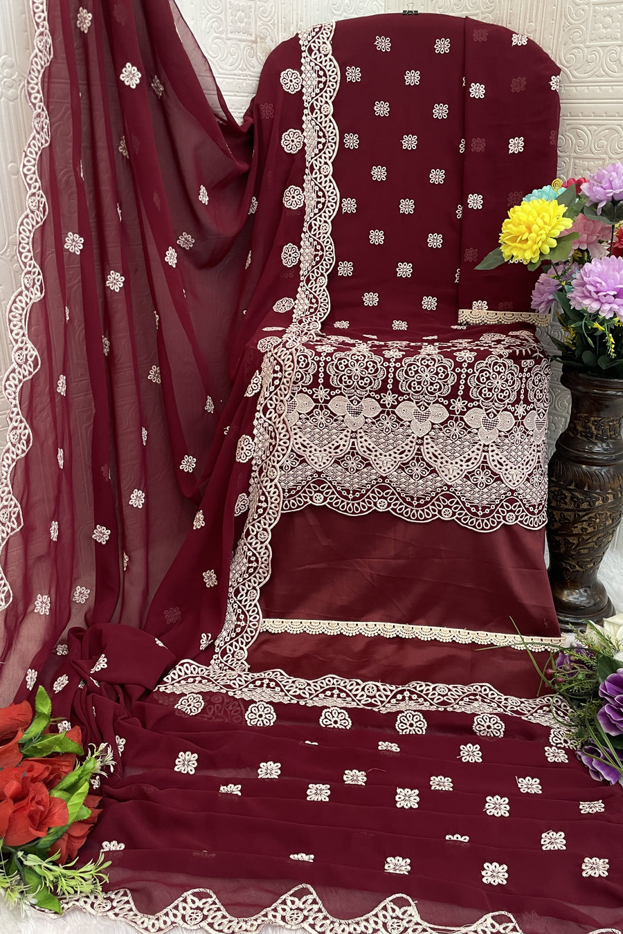 Maroon Georgette Kameez With Pant For Indian & Pakistani Wedding Festival - Embroidery Work
