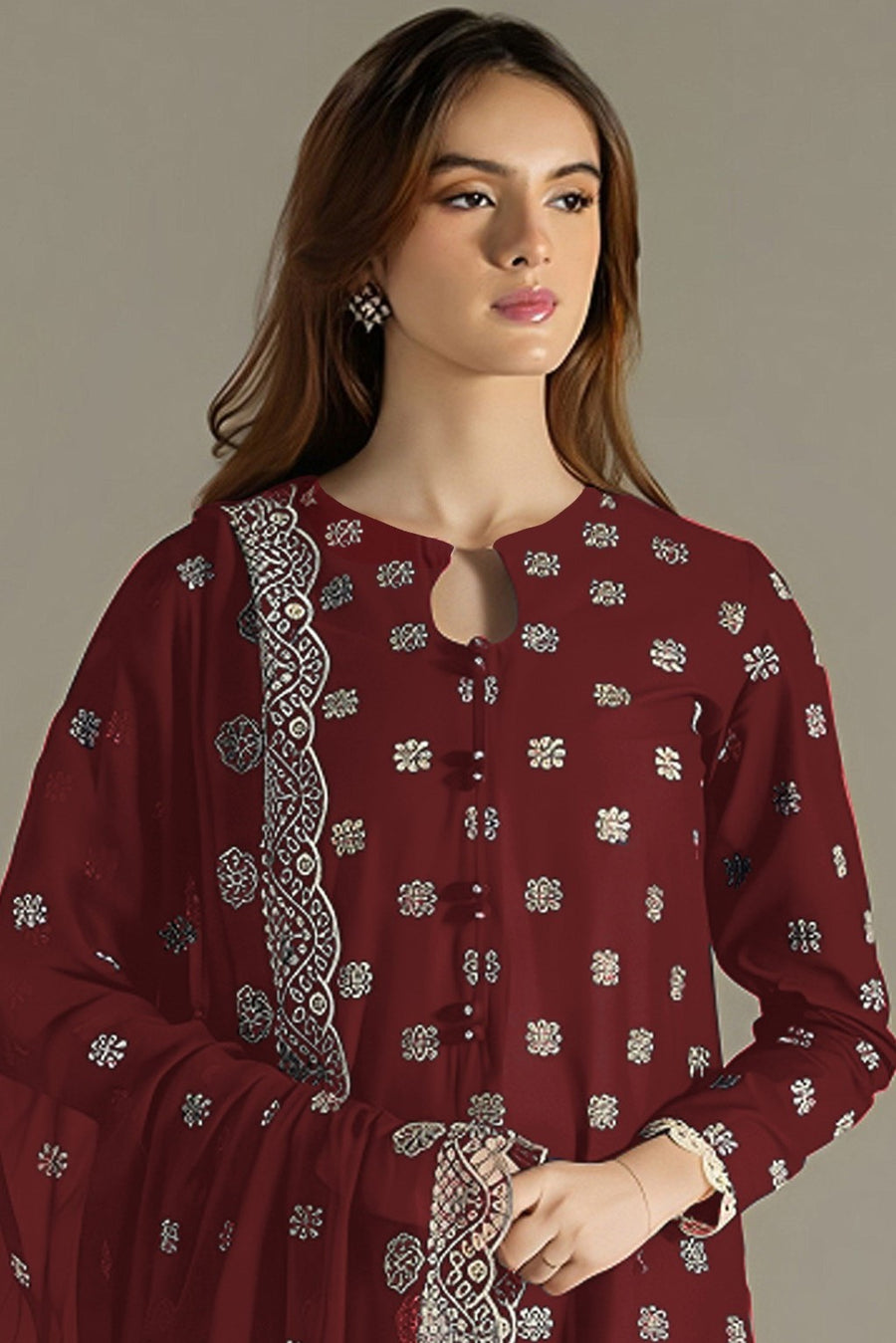 Maroon Georgette Kameez With Pant For Indian & Pakistani Wedding Festival - Embroidery Work