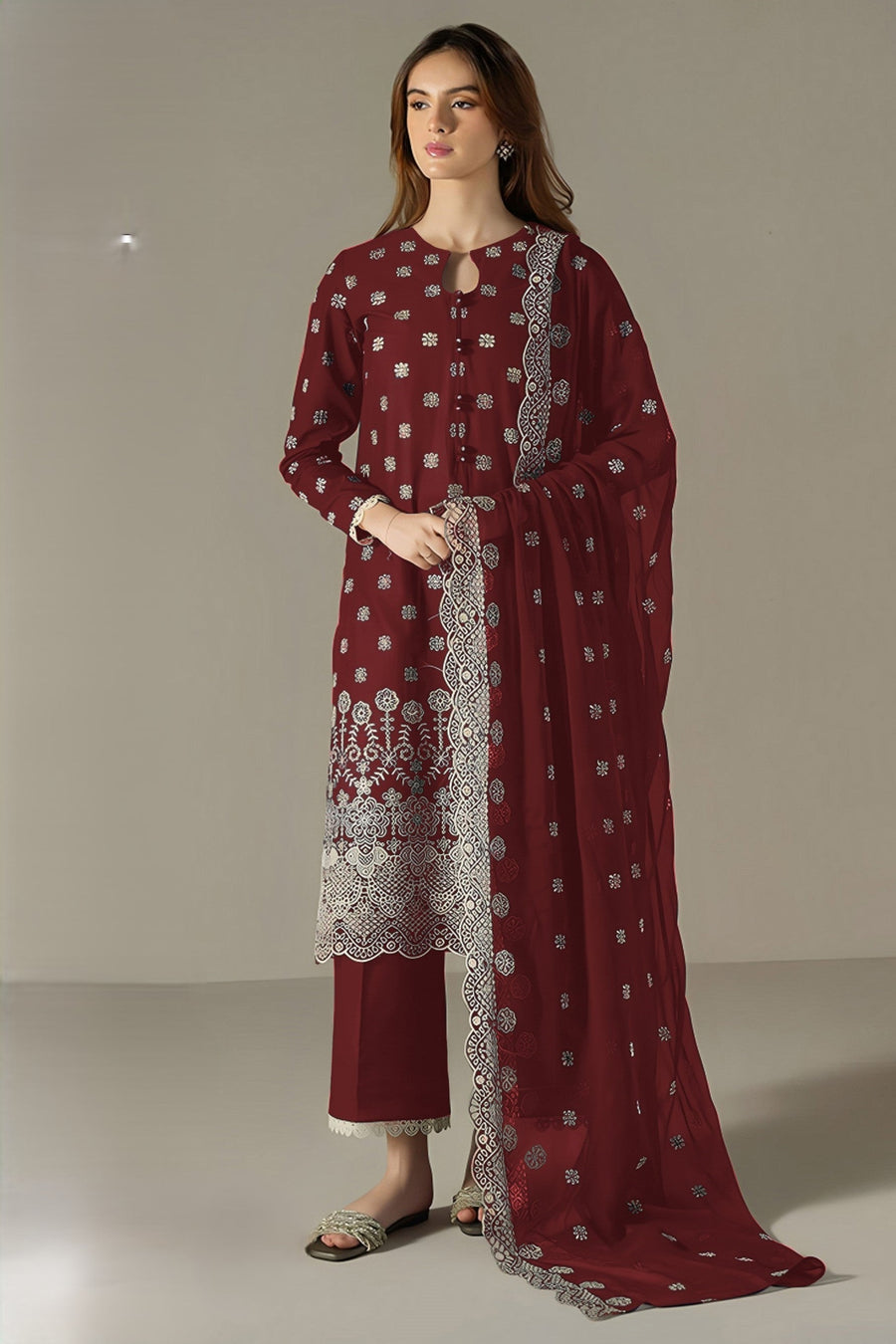 Maroon Georgette Kameez With Pant For Indian & Pakistani Wedding Festival - Embroidery Work