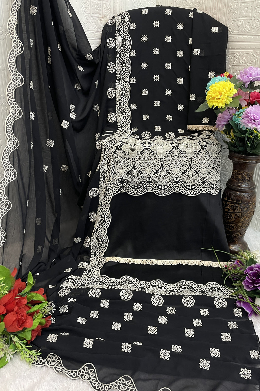 Black Georgette Kameez With Pant For Indian & Pakistani Wedding Festival - Embroidery Work