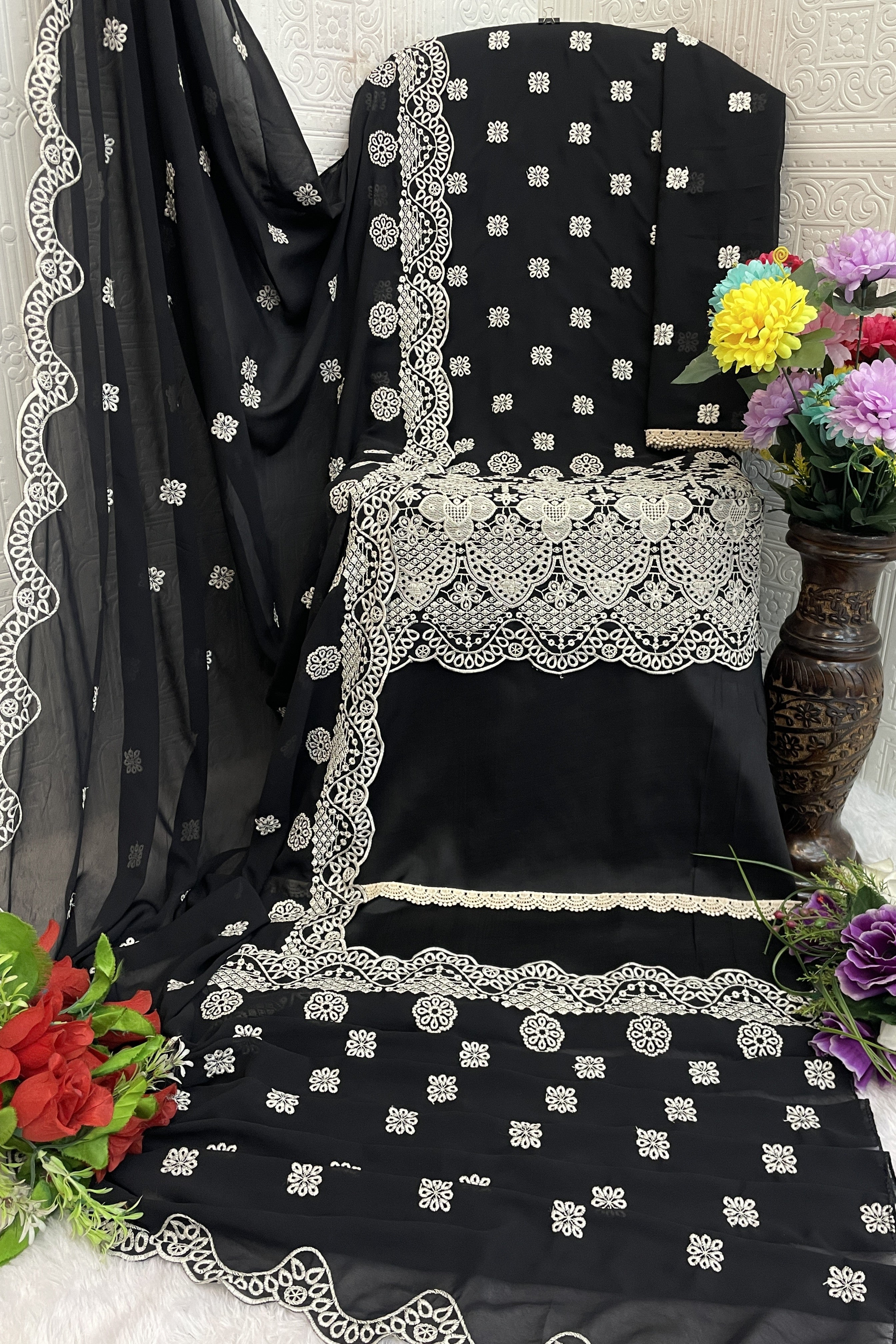 Black Georgette Kameez With Pant For Indian & Pakistani Wedding Festival - Embroidery Work
