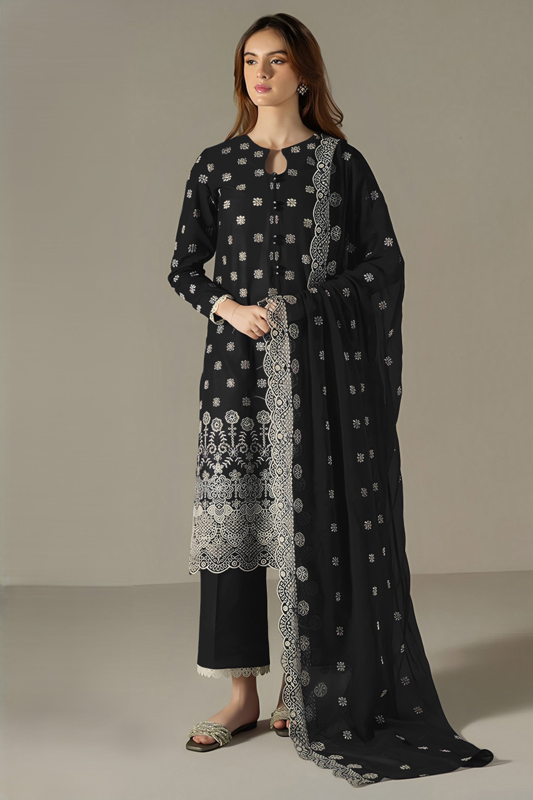 Black Georgette Kameez With Pant For Indian & Pakistani Wedding Festival - Embroidery Work