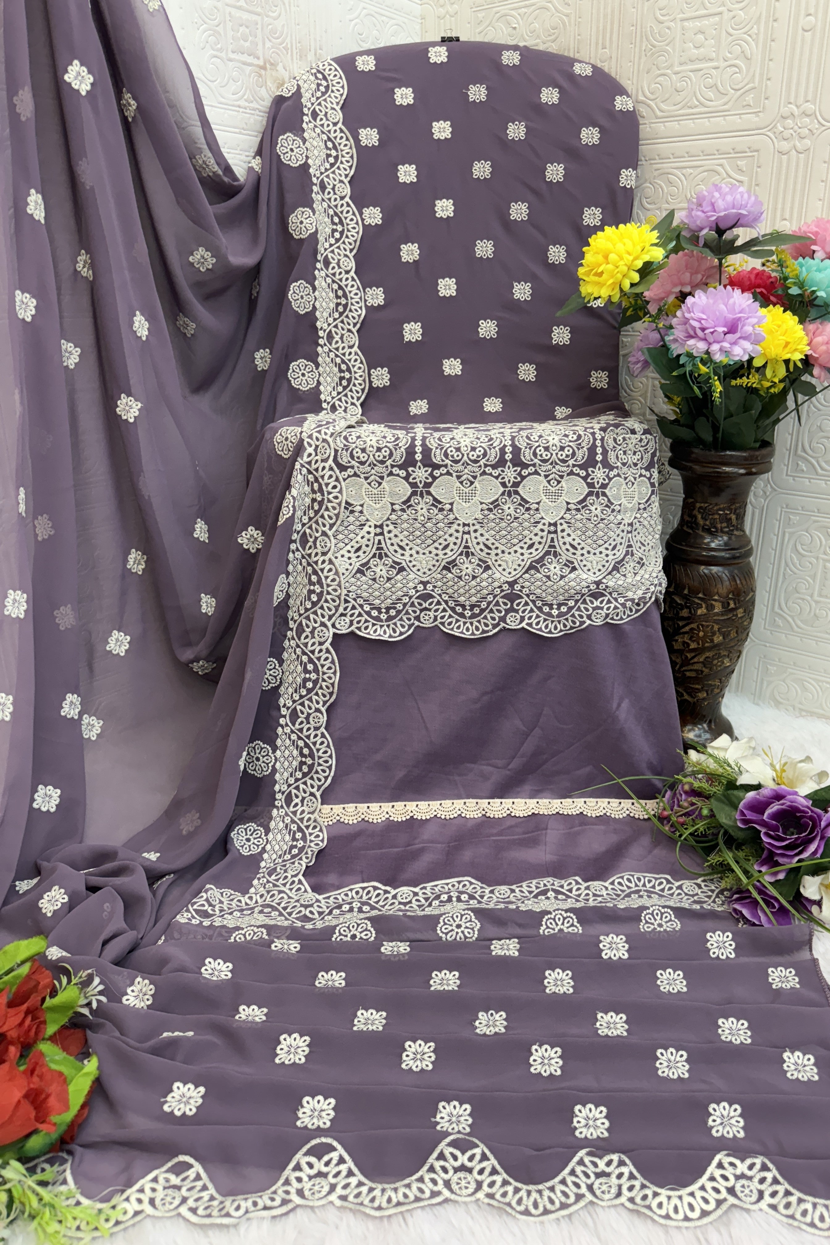 Purple Georgette Kameez With Pant For Indian & Pakistani Wedding Festival - Embroidery Work