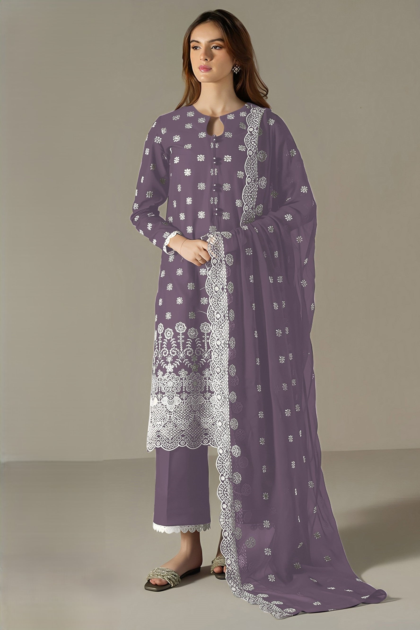 Purple Georgette Kameez With Pant For Indian & Pakistani Wedding Festival - Embroidery Work