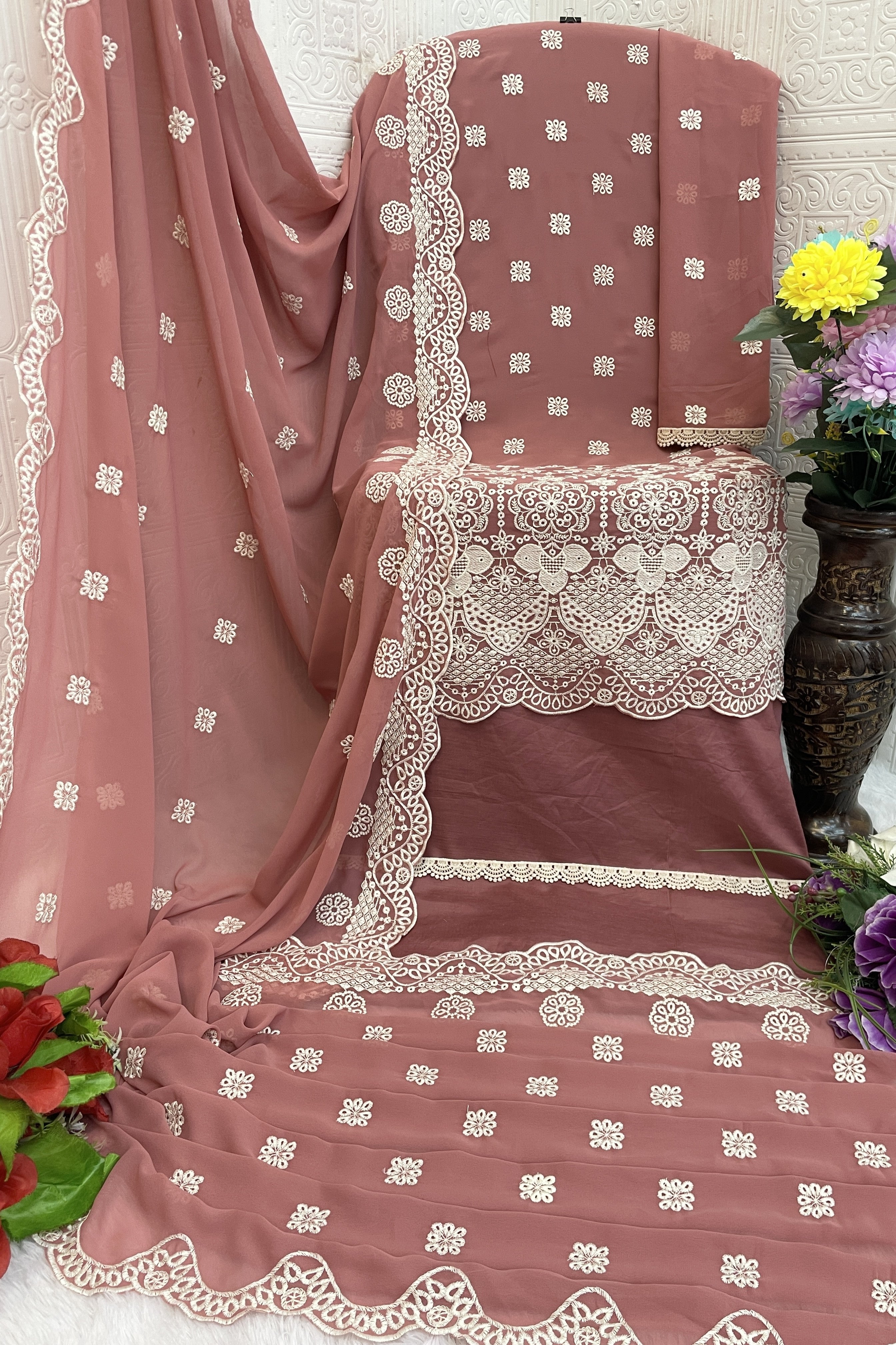 Pink Georgette Kameez With Pant For Indian & Pakistani Wedding Festival - Embroidery Work