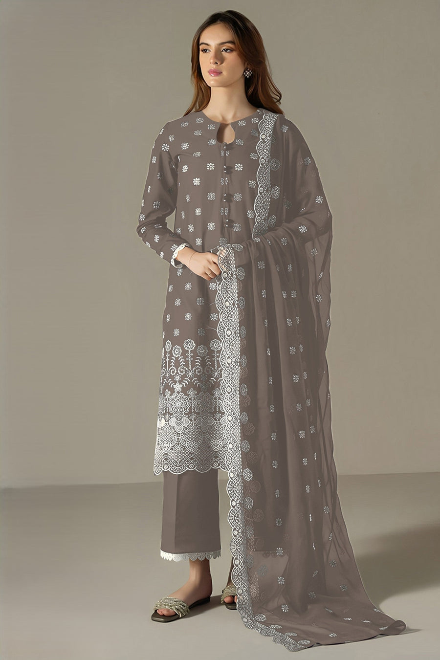 Brown Georgette Kameez With Pant For Indian & Pakistani Wedding Festival - Embroidery Work