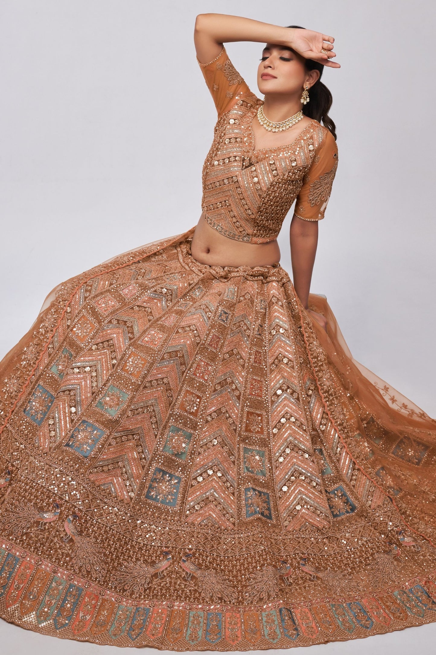 Dusty Orange Soft Net Lehenga Choli For Indian Festivals & Weddings - Sequins Work, Dori Work, Zarkan Work, Thread Work