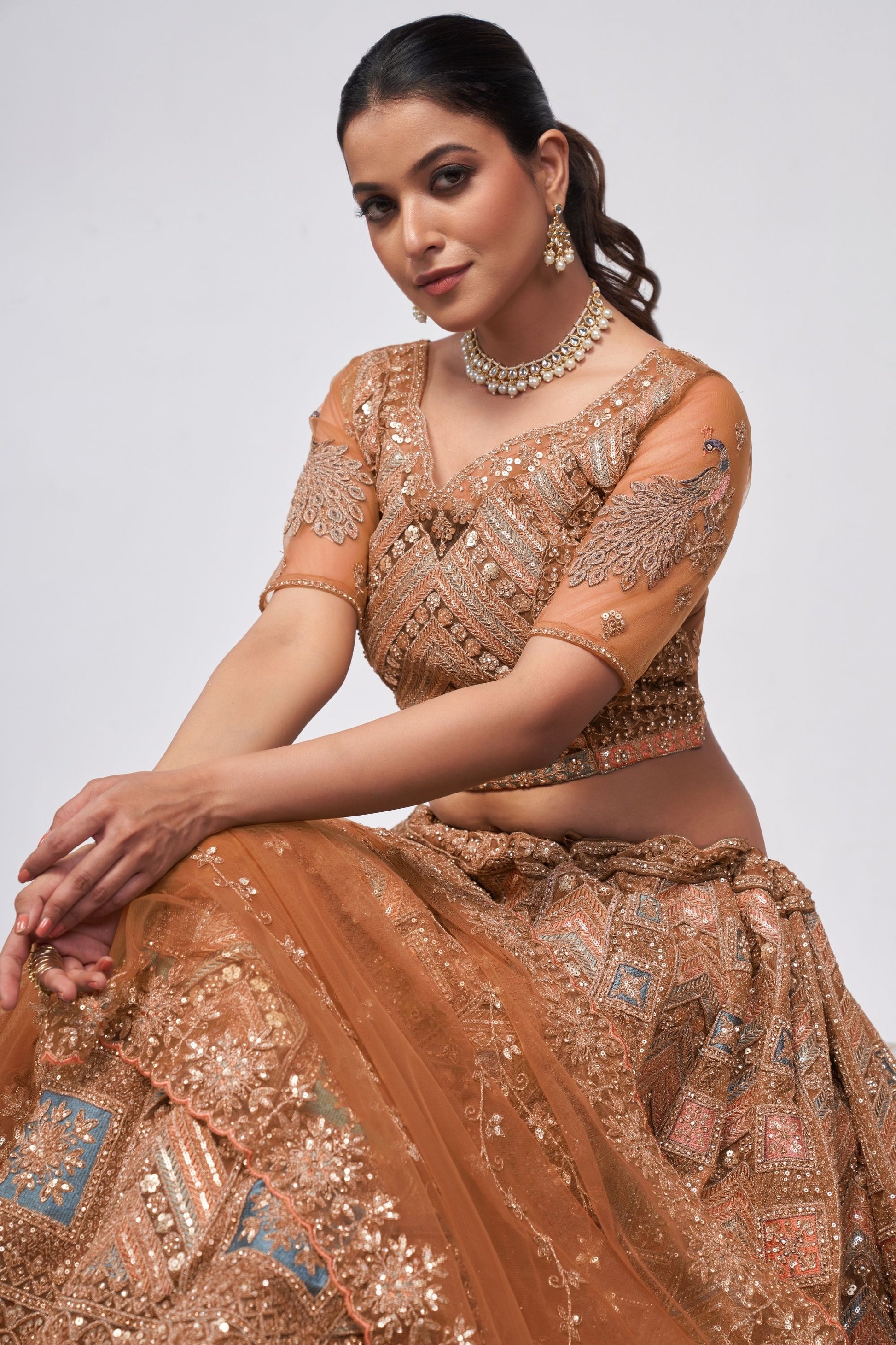 Dusty Orange Soft Net Lehenga Choli For Indian Festivals & Weddings - Sequins Work, Dori Work, Zarkan Work, Thread Work