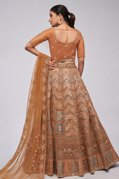 Dusty Orange Soft Net Lehenga Choli For Indian Festivals & Weddings - Sequins Work, Dori Work, Zarkan Work, Thread Work