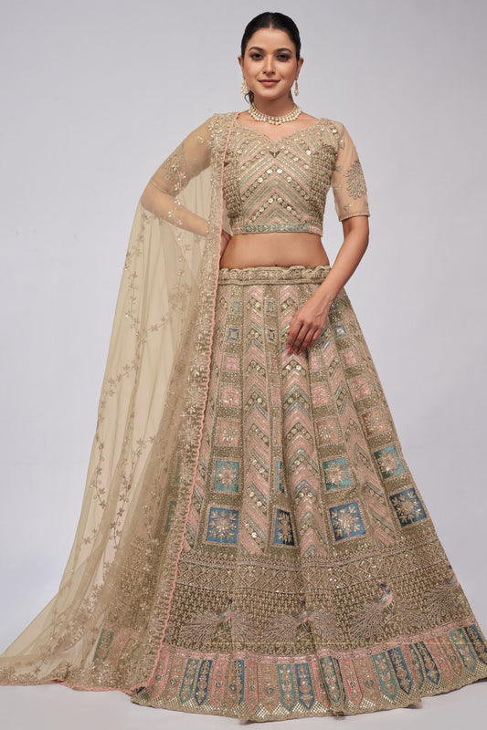 Beige Soft Net Lehenga Choli For Indian Festivals & Weddings - Sequins Work, Dori Work, Zarkan Work, Thread Work