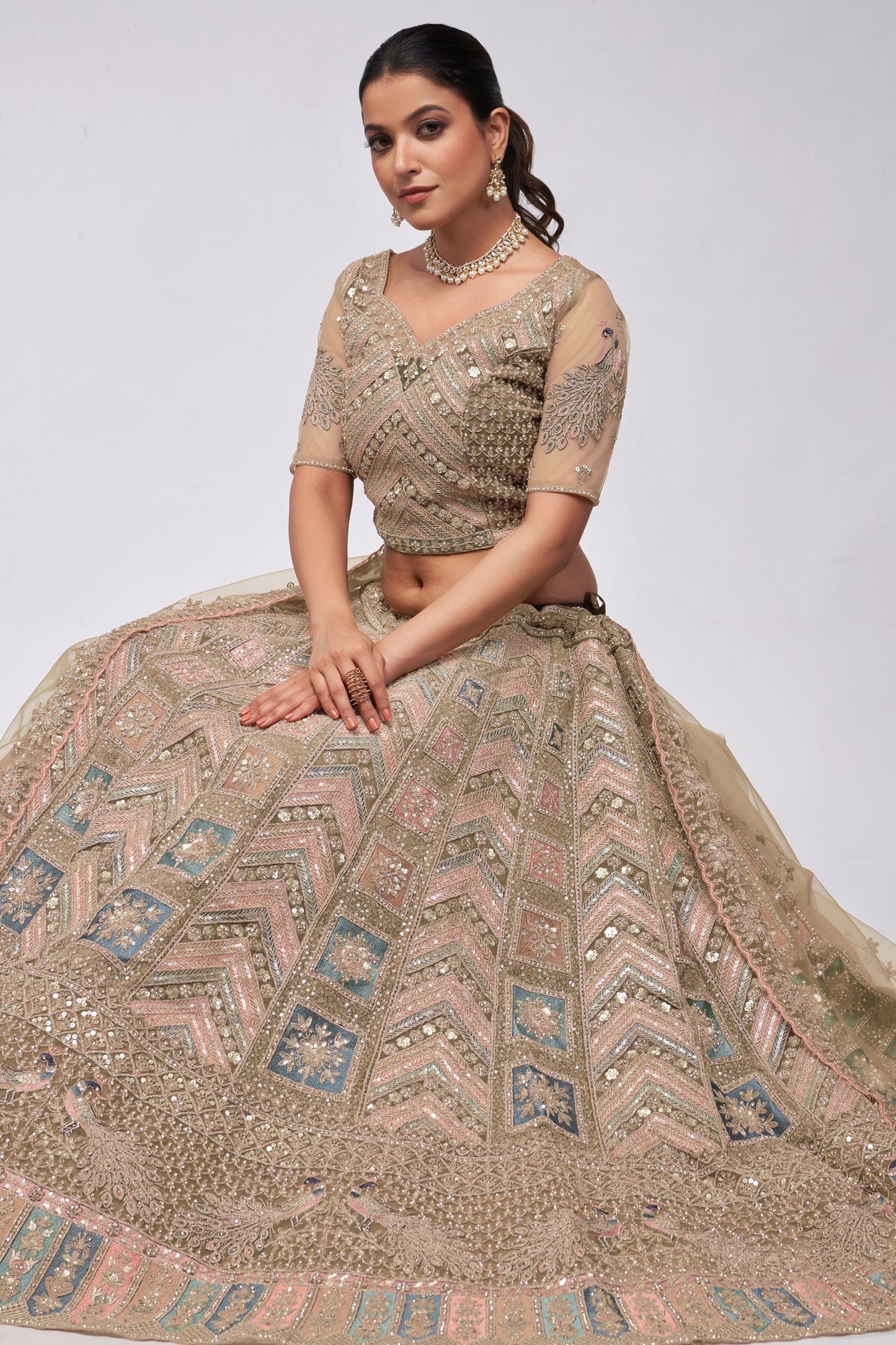 Beige Soft Net Lehenga Choli For Indian Festivals & Weddings - Sequins Work, Dori Work, Zarkan Work, Thread Work