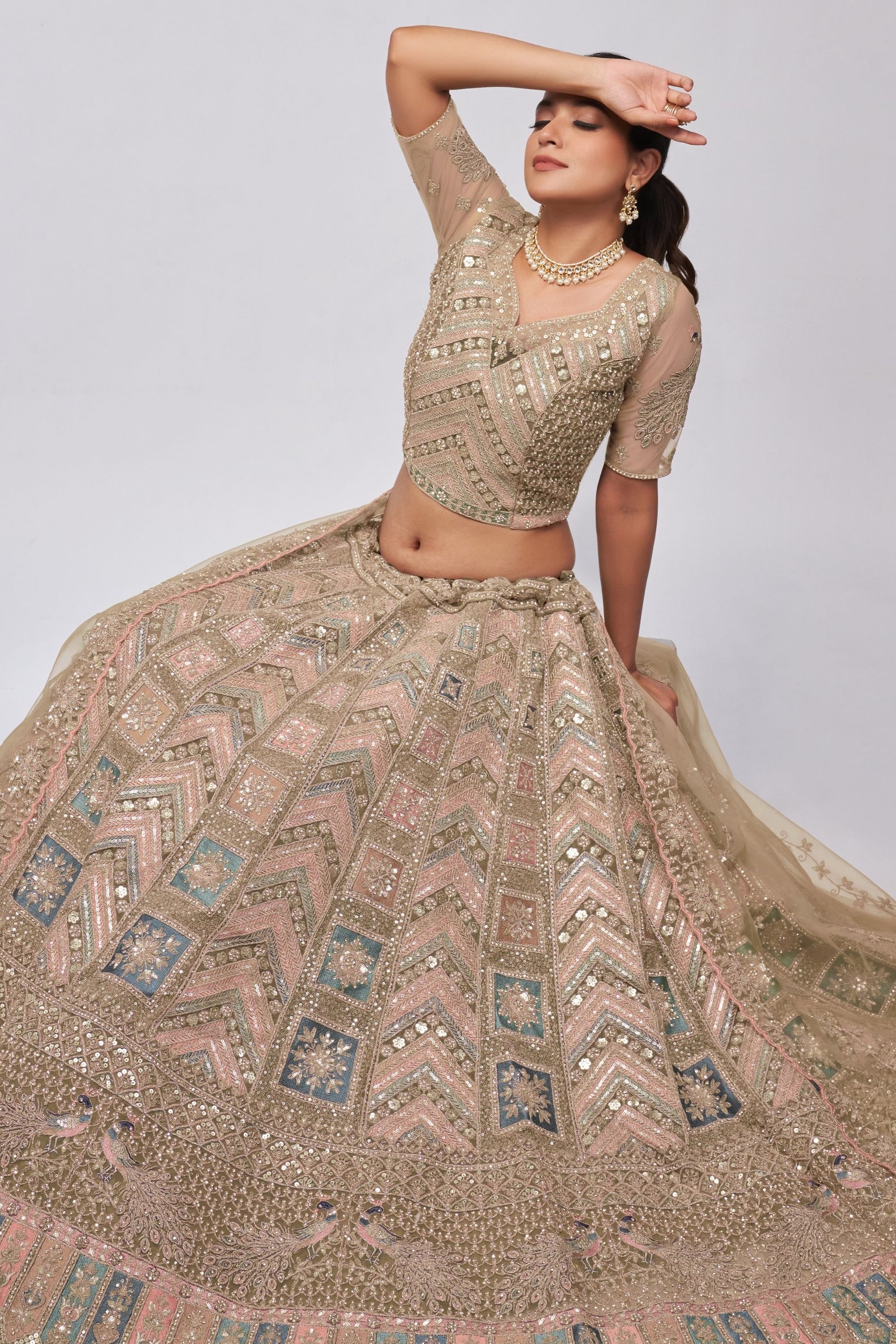 Beige Soft Net Lehenga Choli For Indian Festivals & Weddings - Sequins Work, Dori Work, Zarkan Work, Thread Work