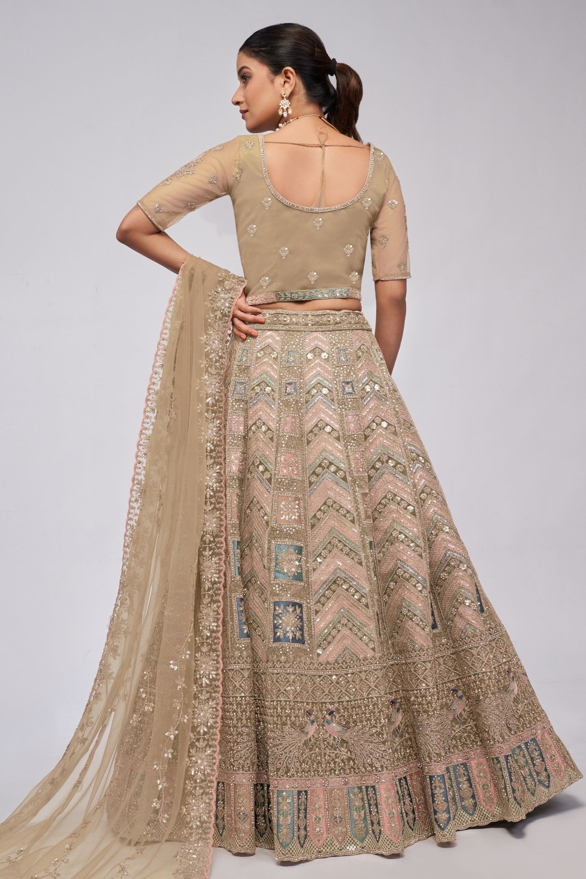 Beige Soft Net Lehenga Choli For Indian Festivals & Weddings - Sequins Work, Dori Work, Zarkan Work, Thread Work