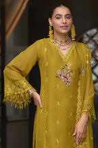 Dark Yellow Blooming Organza Kameez with Pant For Indian Festivals & Weddings - Embroidery Work