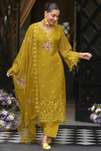 Dark Yellow Blooming Organza Kameez with Pant For Indian Festivals & Weddings - Embroidery Work