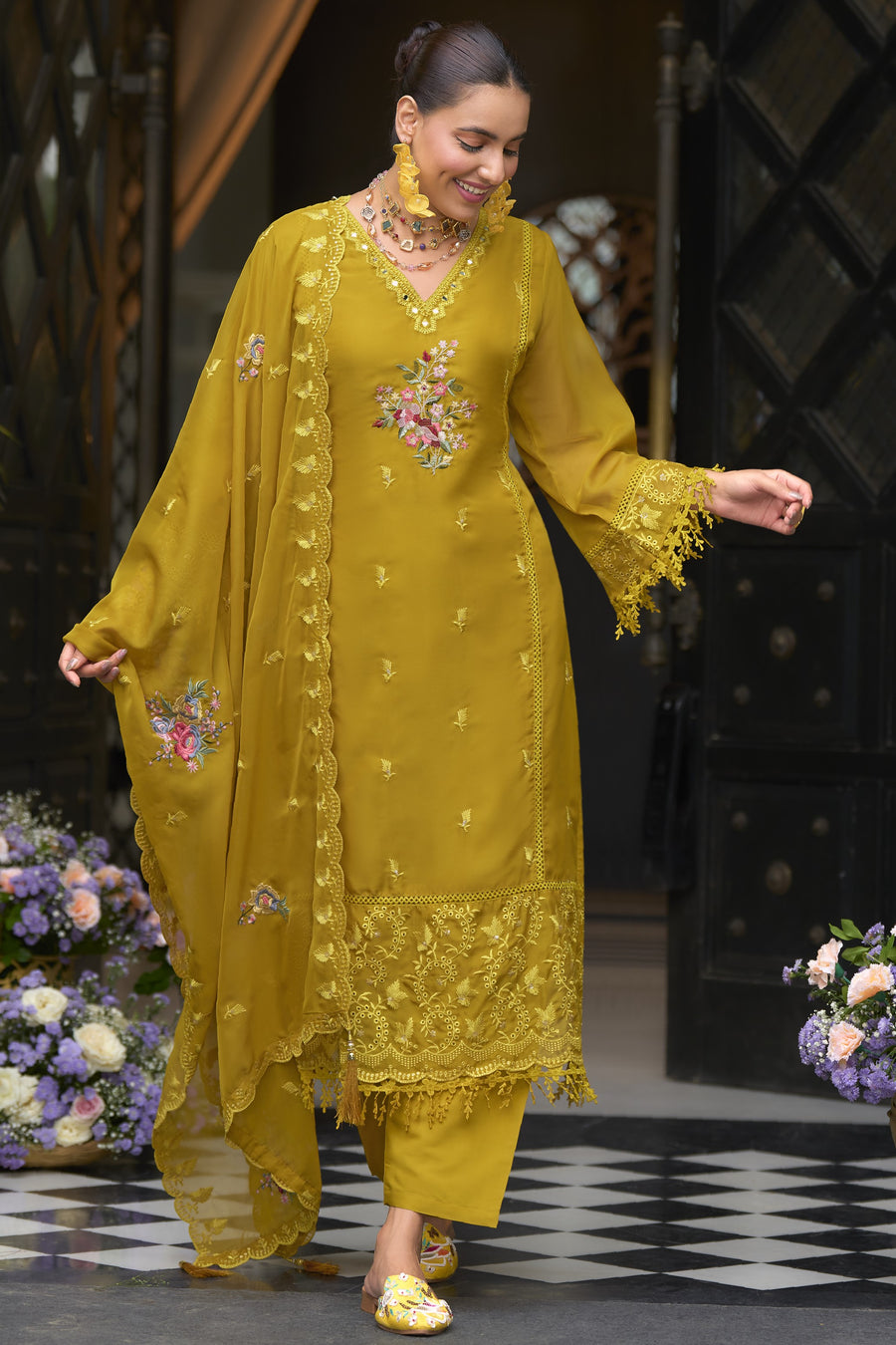 Dark Yellow Blooming Organza Kameez with Pant For Indian Festivals & Weddings - Embroidery Work