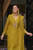 Dark Yellow Blooming Organza Kameez with Pant For Indian Festivals & Weddings - Embroidery Work